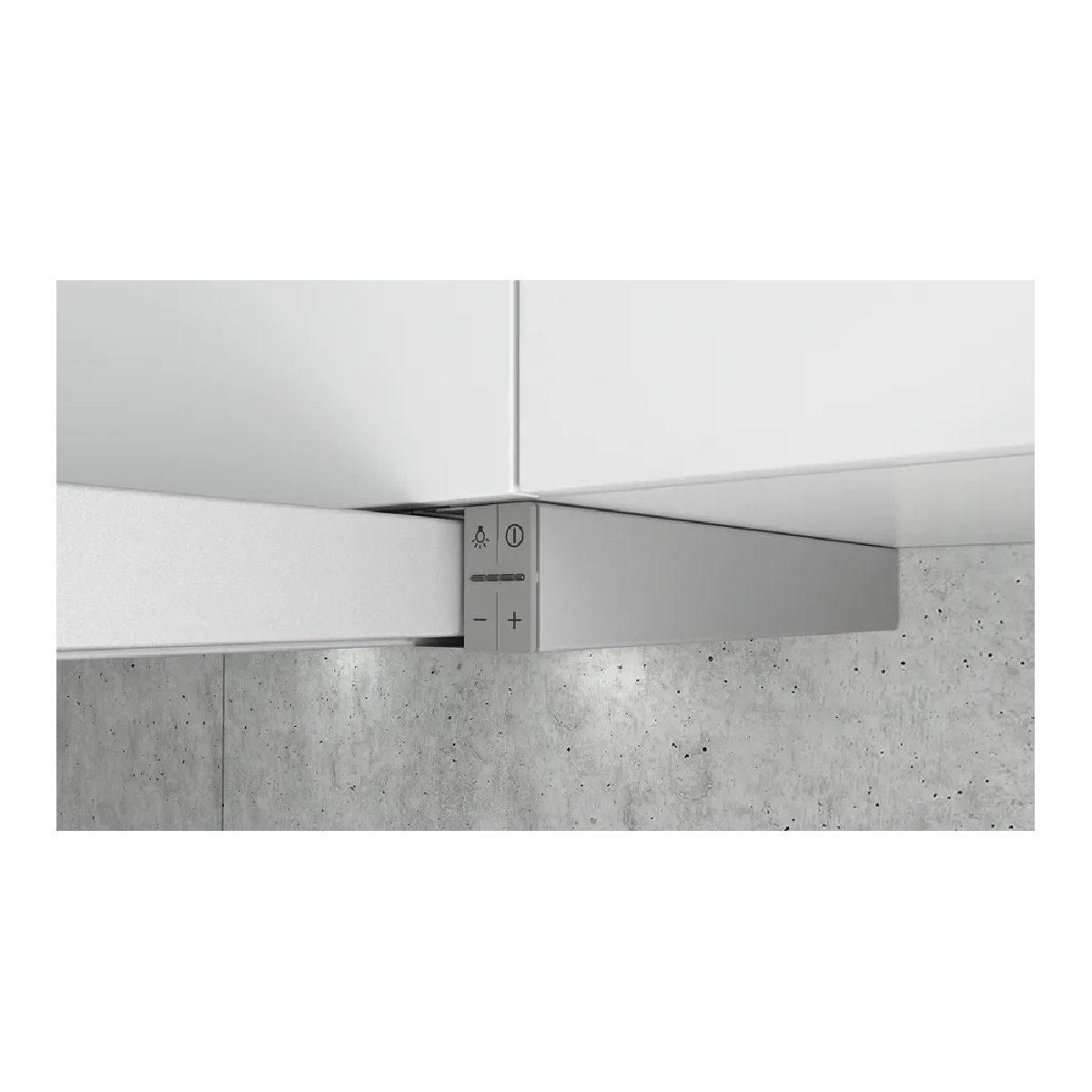 A stainless steel range hood is mounted under a white cabinet, with control buttons and a display.