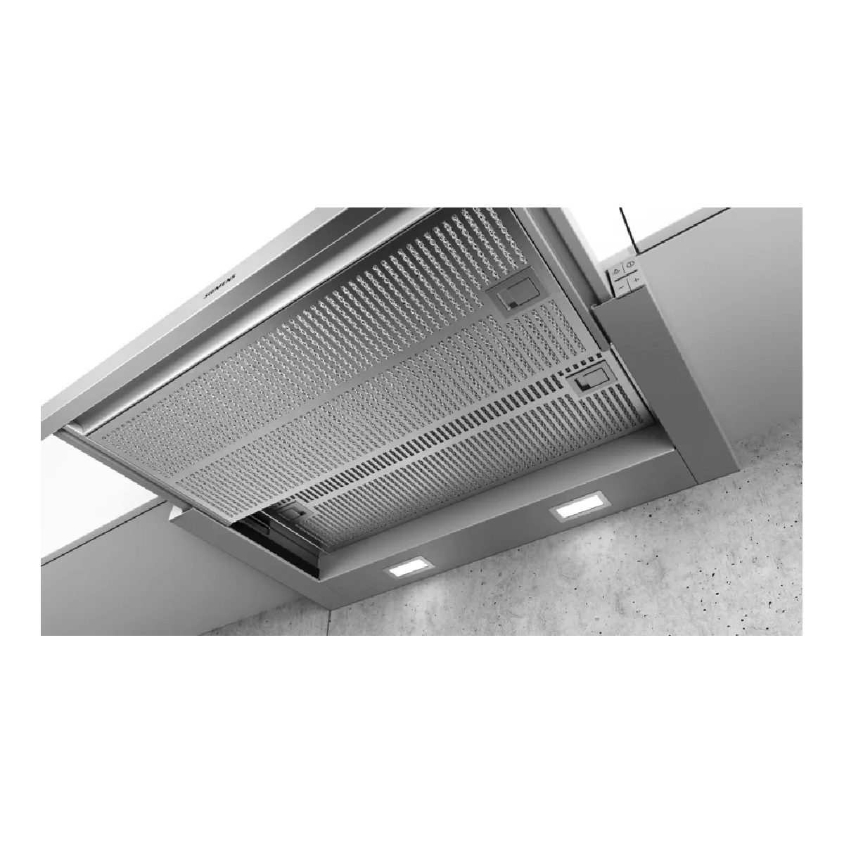 Range hood. Metal design with lights. Installed above a stove. Concrete wall background.