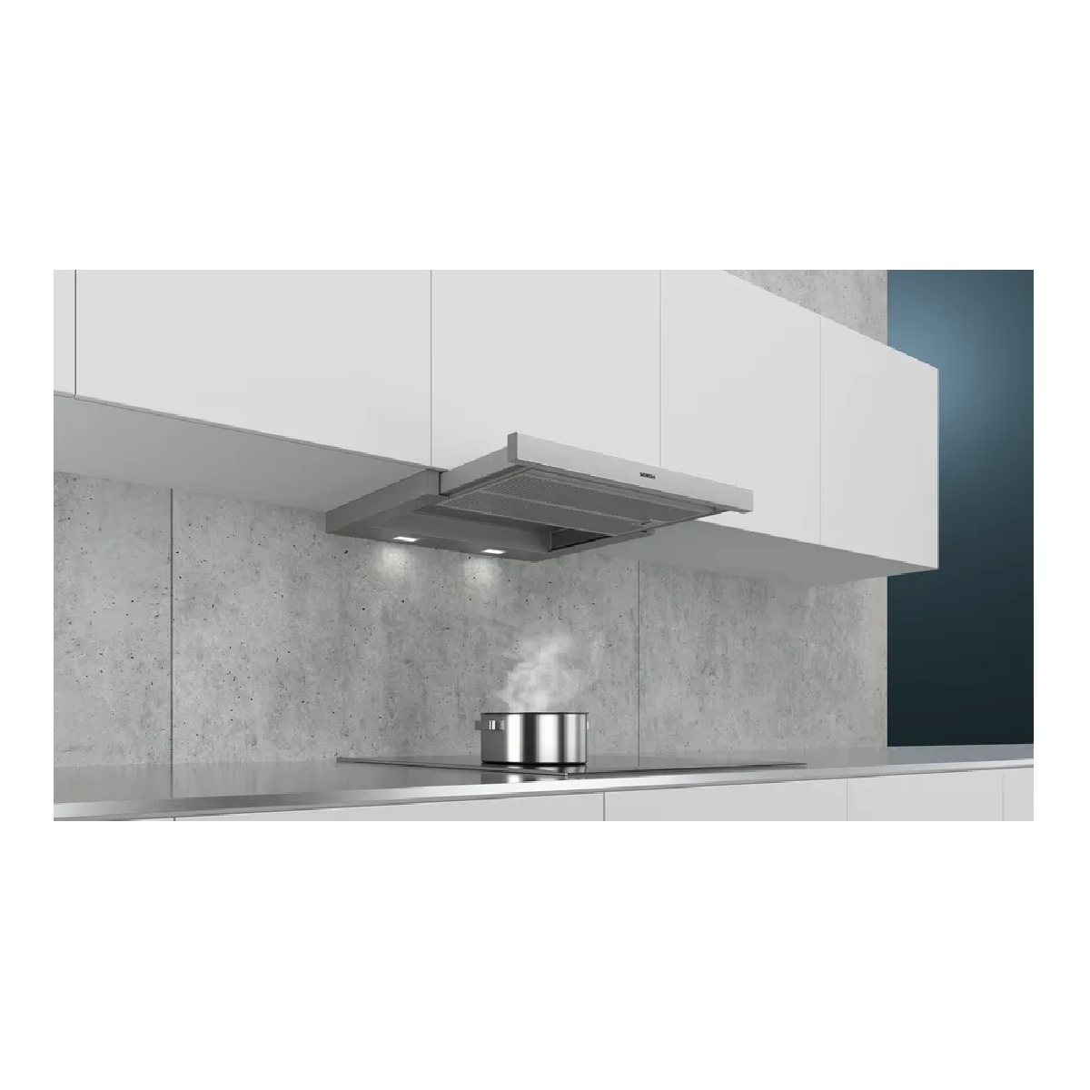 Kitchen with a silver range hood above a stove. Steam rises from a pot on the stove.