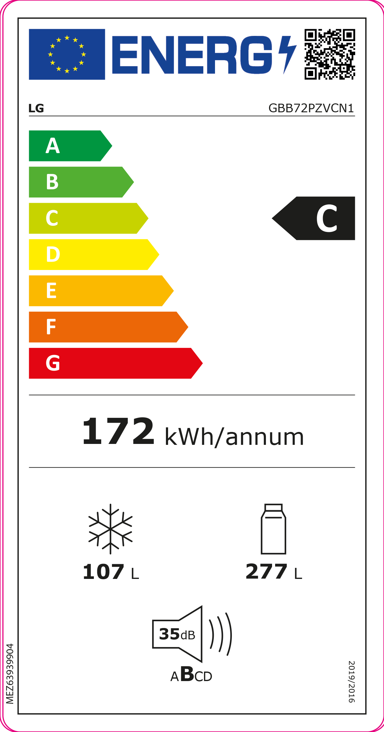 Etichetta energetica per un frigorifero. Mostra la classe C di efficienza energetica e altre info.