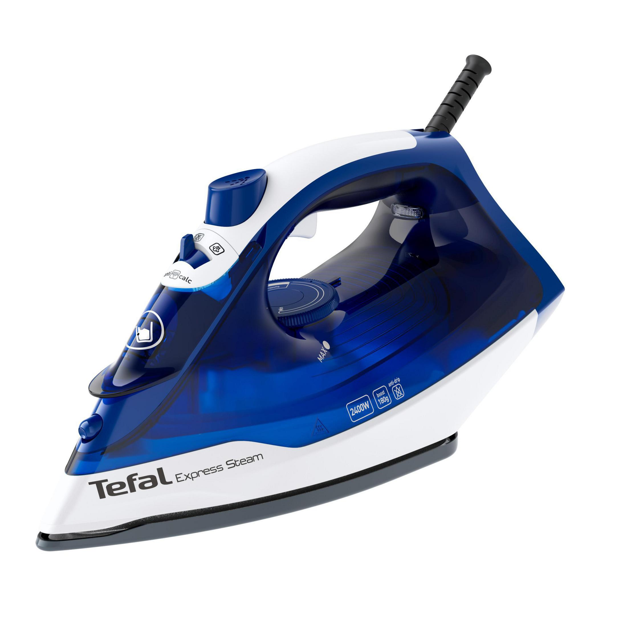 Una plancha Tefal Express Steam azul y blanca, con mango negro y base blanca.