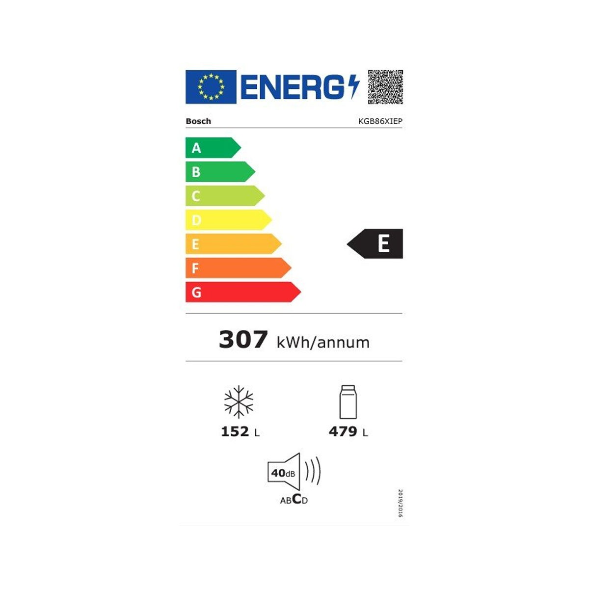 Etiqueta energética de un refrigerador Bosch, que muestra la eficiencia energética y otros detalles.