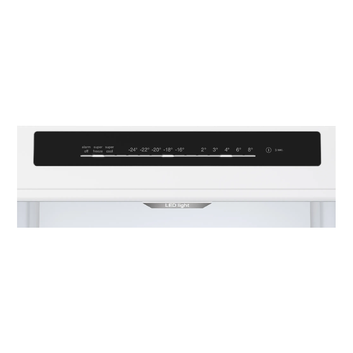 Panel de control del refrigerador con ajustes de temperatura, indicador de luz LED.