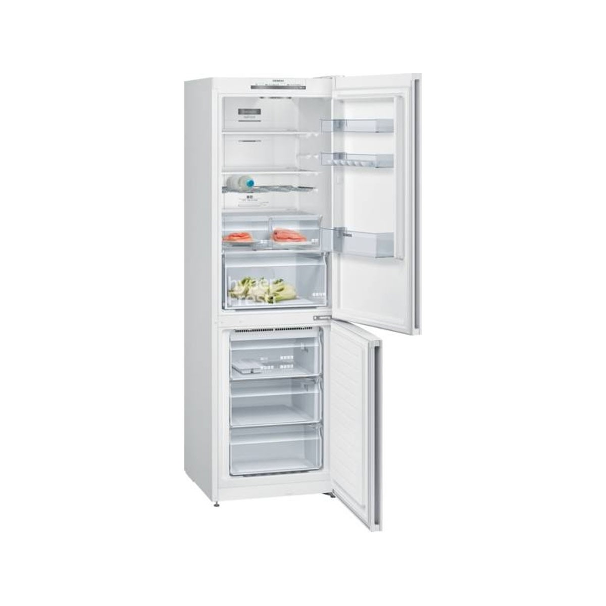 Un refrigerador blanco con cajones del congelador abiertos, mostrando compartimentos.