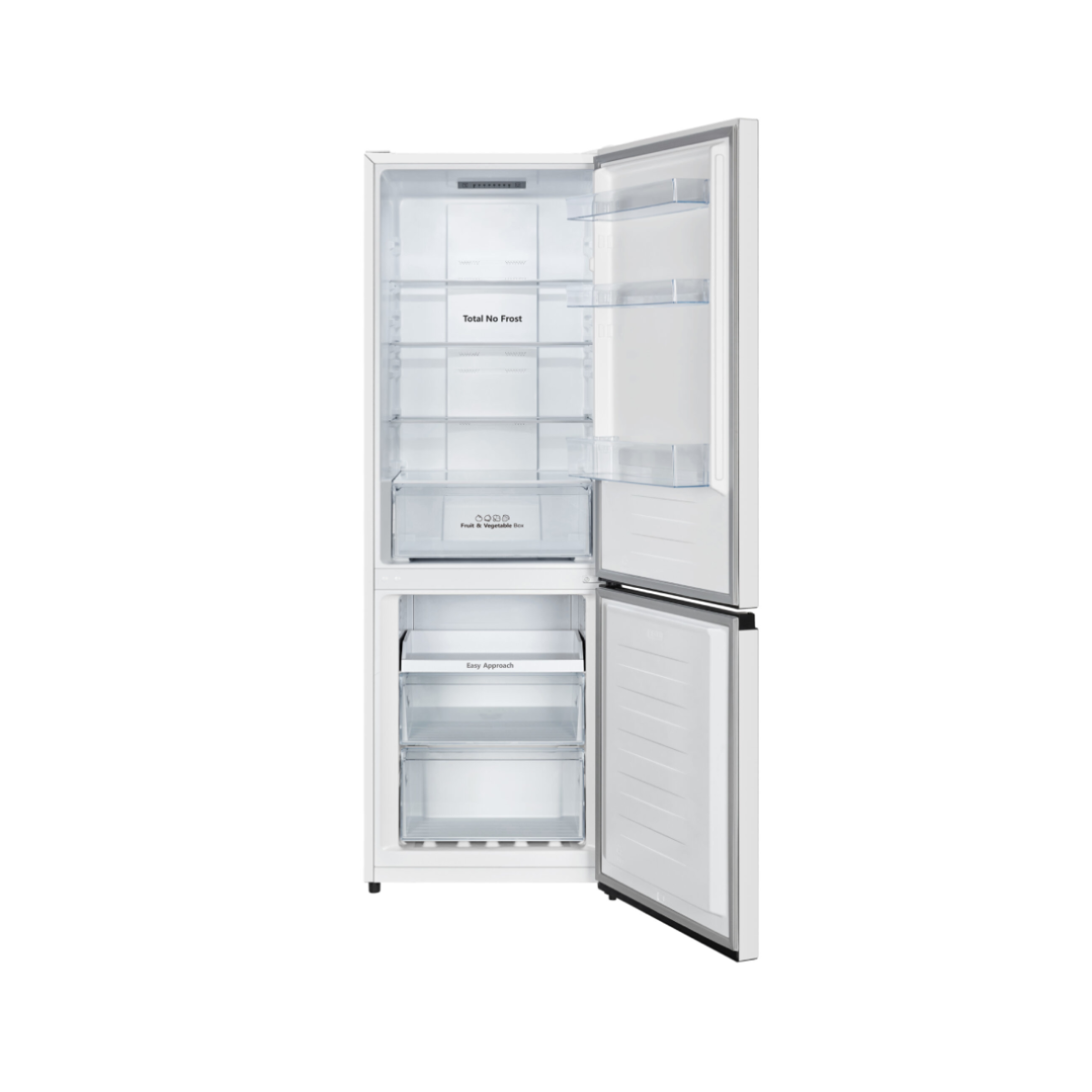 Biała lodówka z otwartymi drzwiami, pokazująca półki i szuflady.