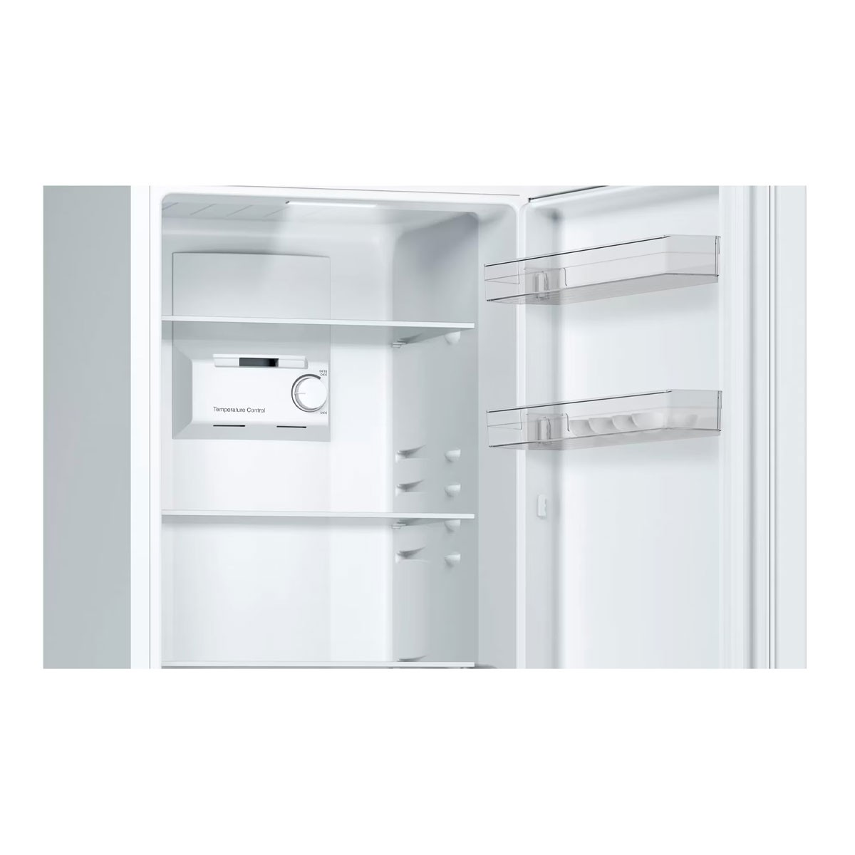 Otwarty, biały wnętrze lodówki z półkami, regulacją temperatury i przezroczystymi półkami na drzwiach.