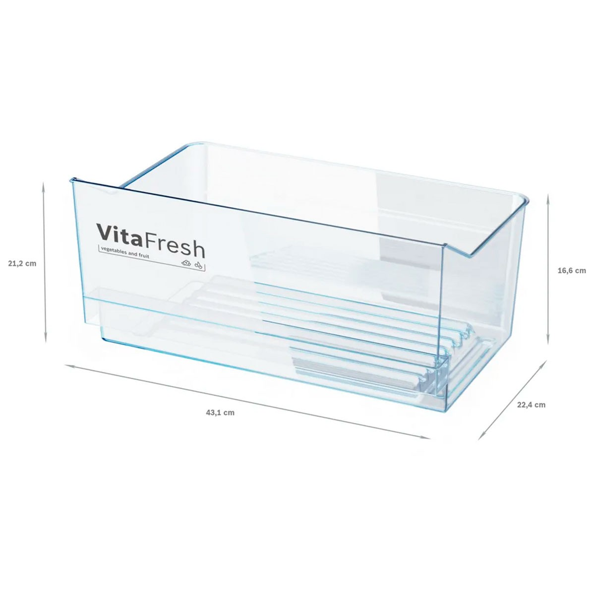 Un contenedor transparente VitaFresh para verduras y frutas con medidas mostradas.