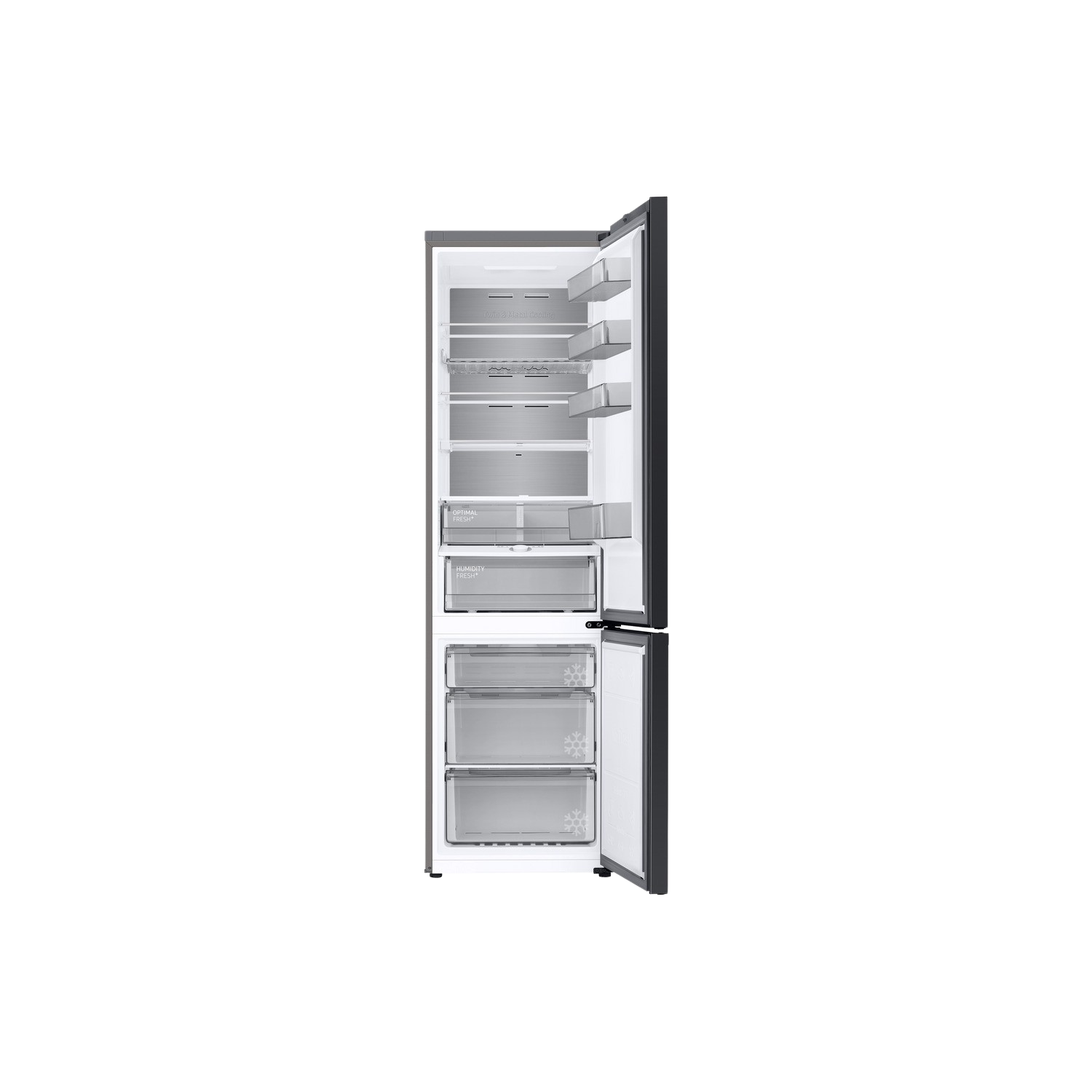 Un refrigerador negro con la puerta abierta, que revela estantes y cajones, sobre un fondo negro.