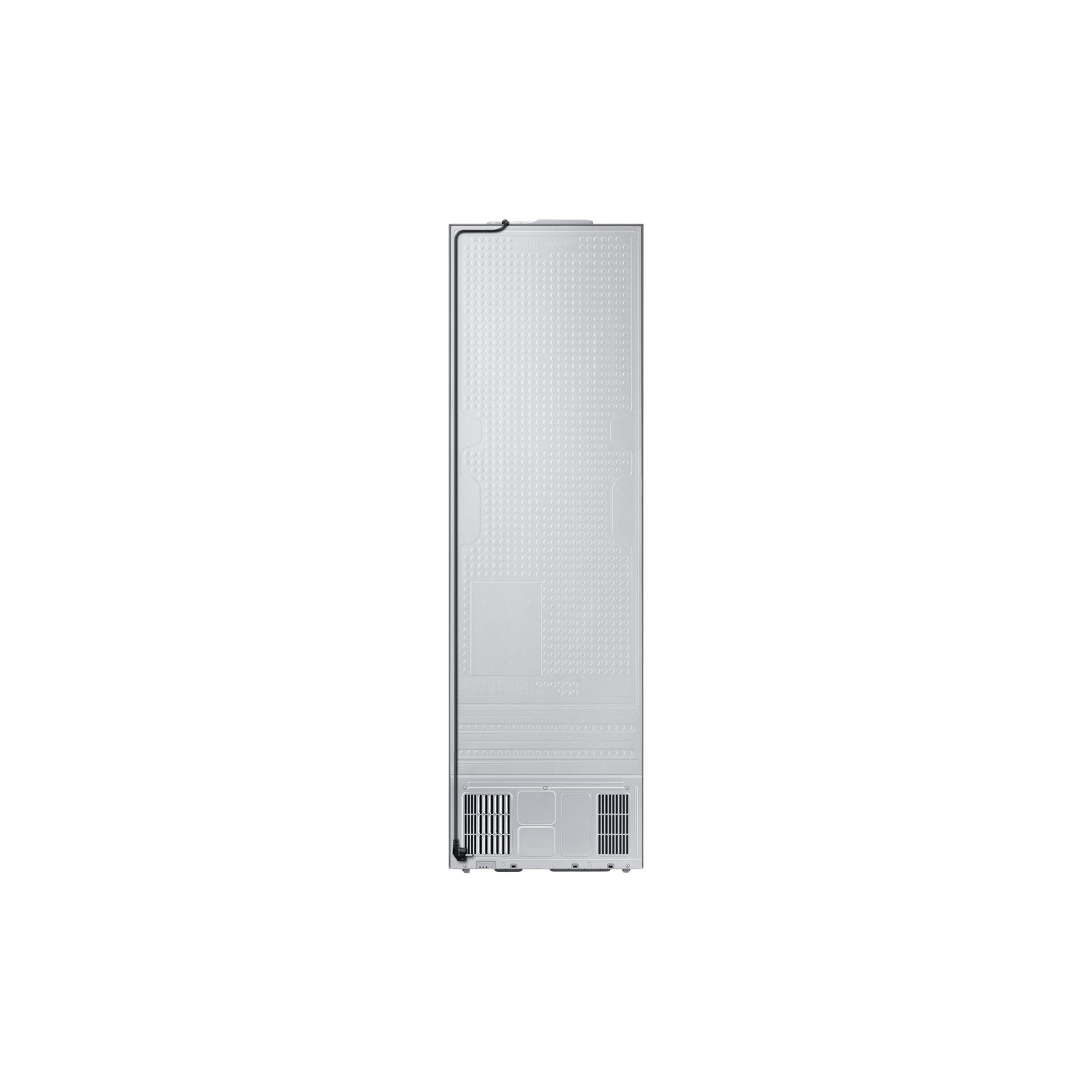 Parte trasera de un refrigerador blanco sobre fondo negro.