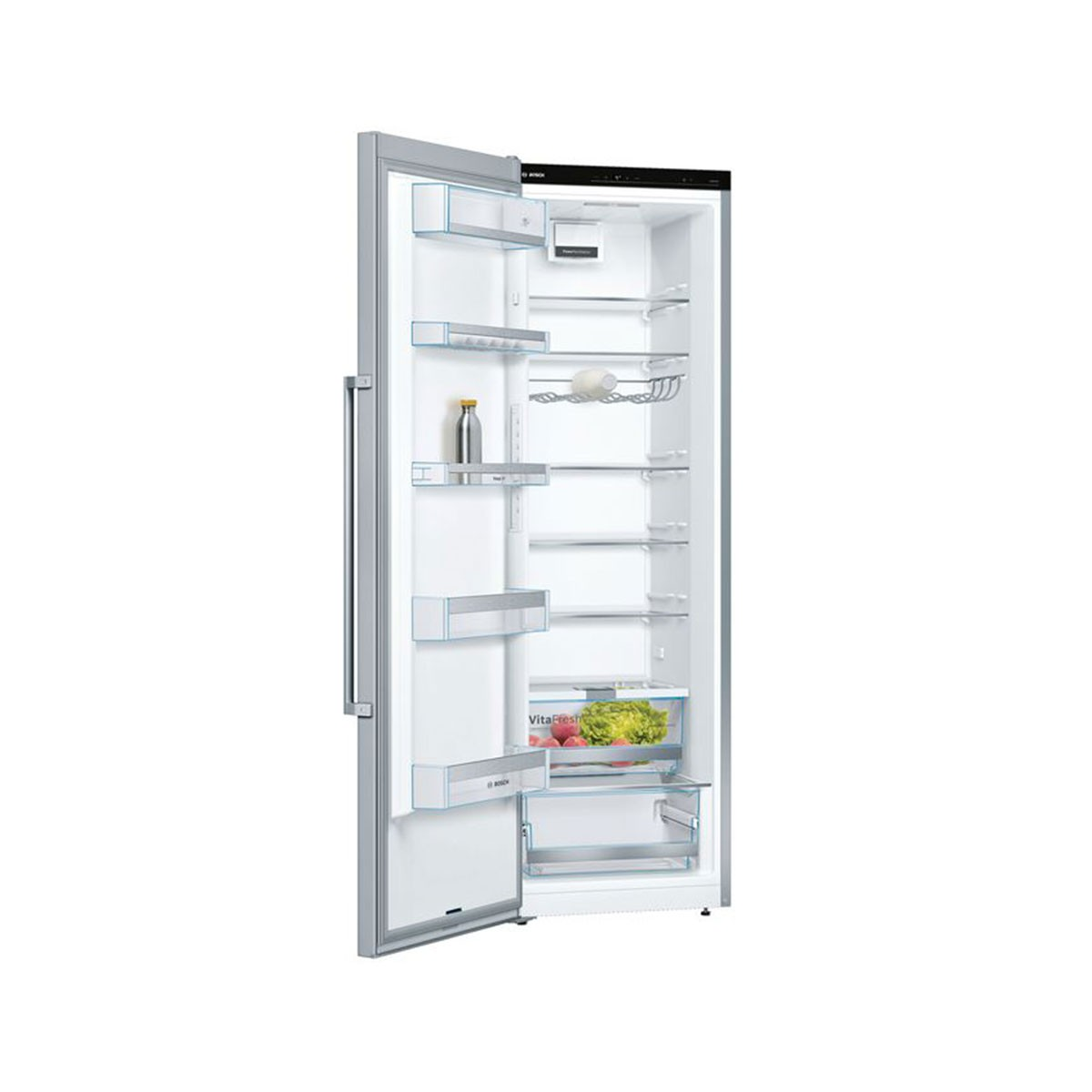 Frigorífico Bosch plateado con puerta abierta, mostrando estantes y cajones.