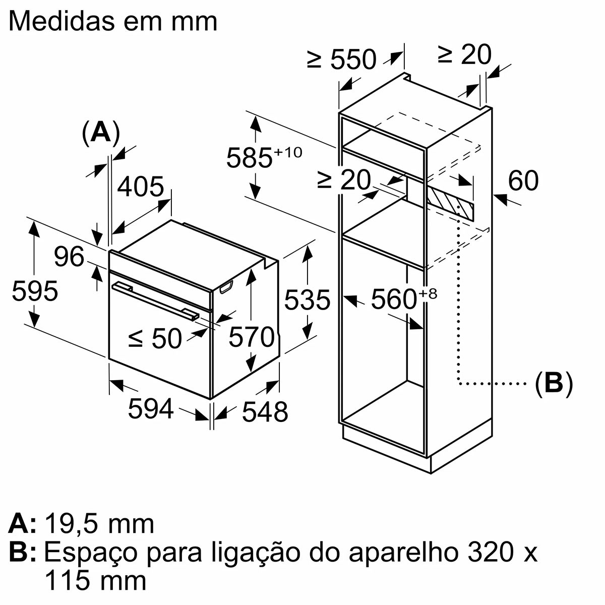 Dibujo técnico con medidas de horno y microondas empotrados, dimensiones y etiquetas.