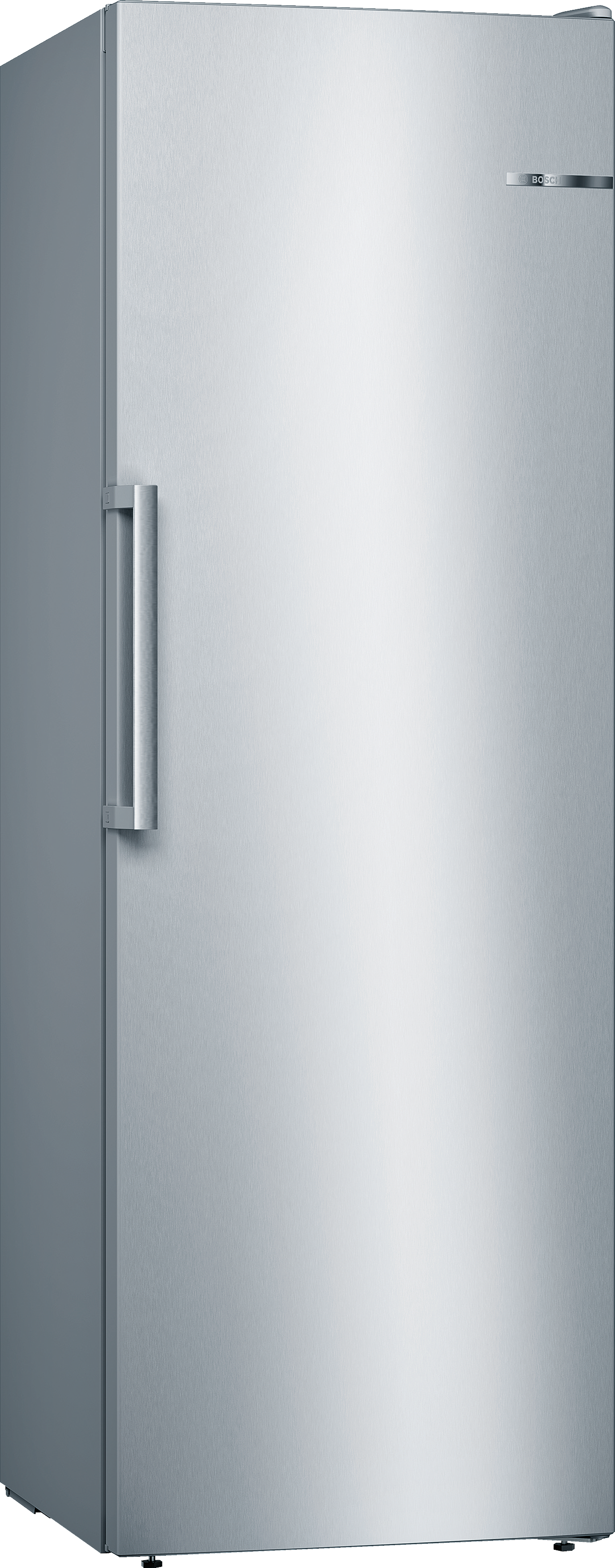 Un refrigerador plateado, visto de lado y ligeramente en ángulo.