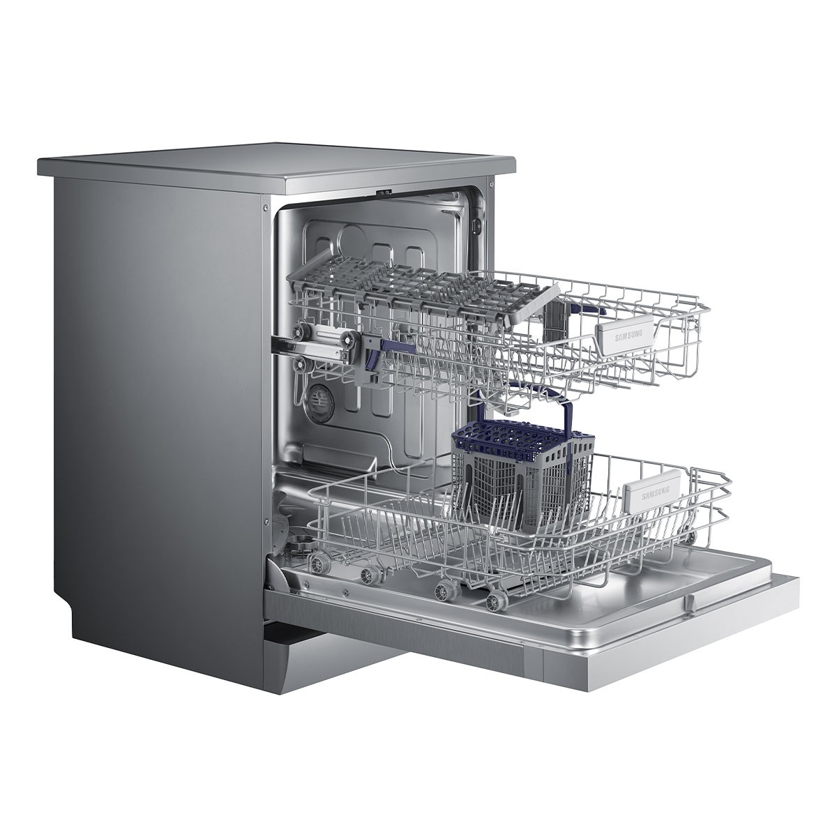 Srebrna zmywarka z otwartymi drzwiami, pokazująca dwa kosze z naczyniami i kosz na sztućce.