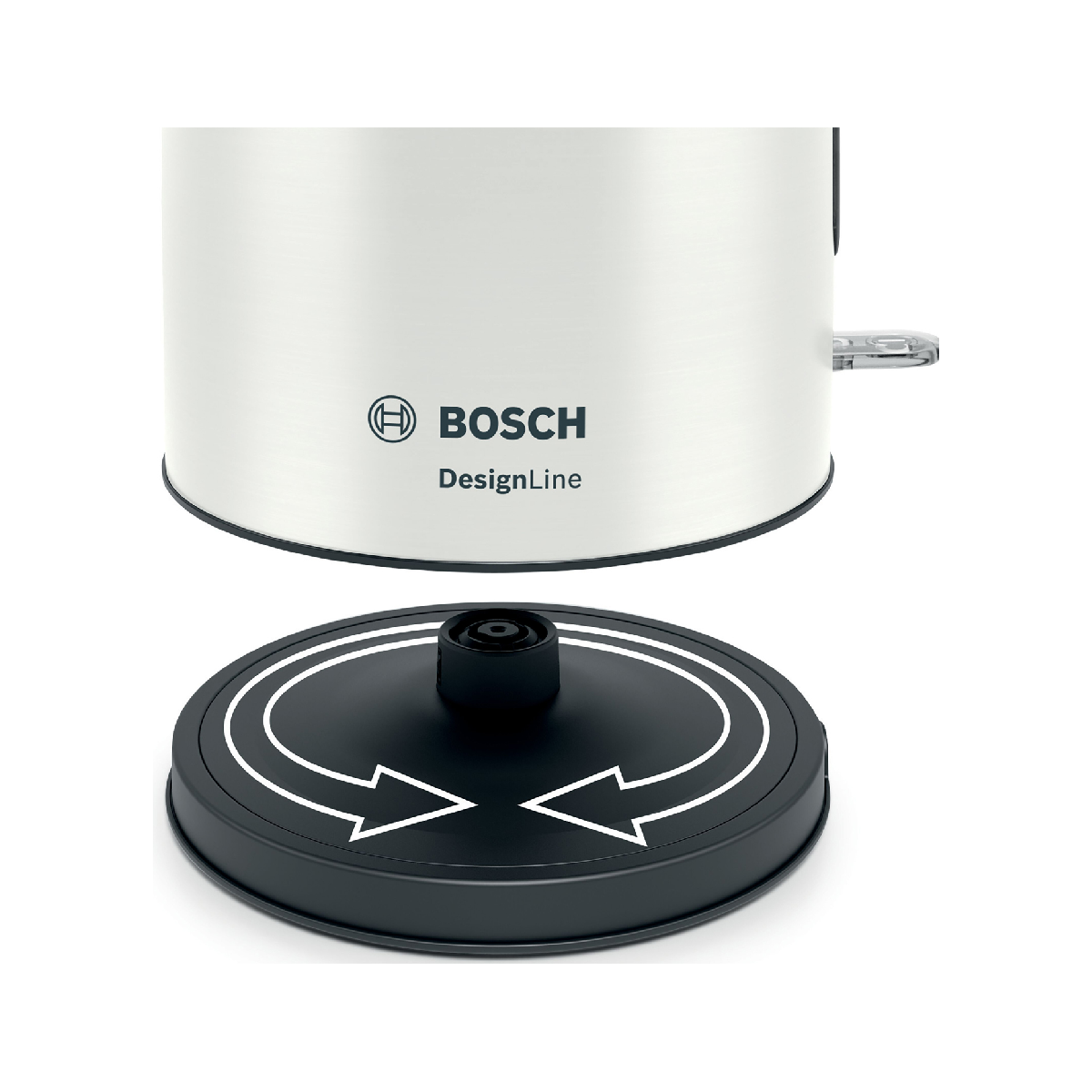 Biały czajnik elektryczny Bosch DesignLine i jego czarna podstawa, ze strzałkami.