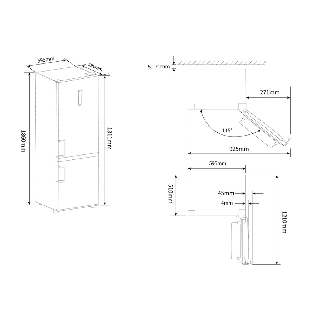 Schemat lodówki z wymiarami w milimetrach.