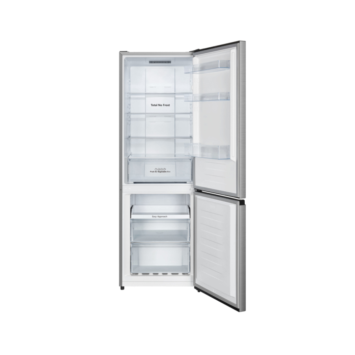 Refrigerador plateado con puertas abiertas. Se ven estantes y cajones interiores.