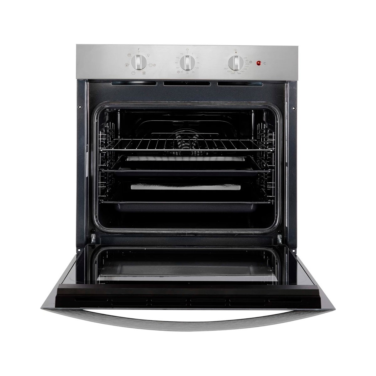 Horno plateado con puerta abierta. Estantes interiores y controles arriba.