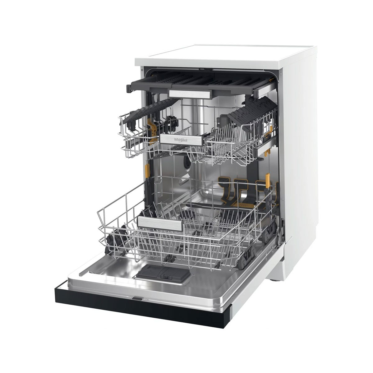 Biała zmywarka z otwartymi drzwiami, pokazująca wewnętrzne kosze i przegrody.
