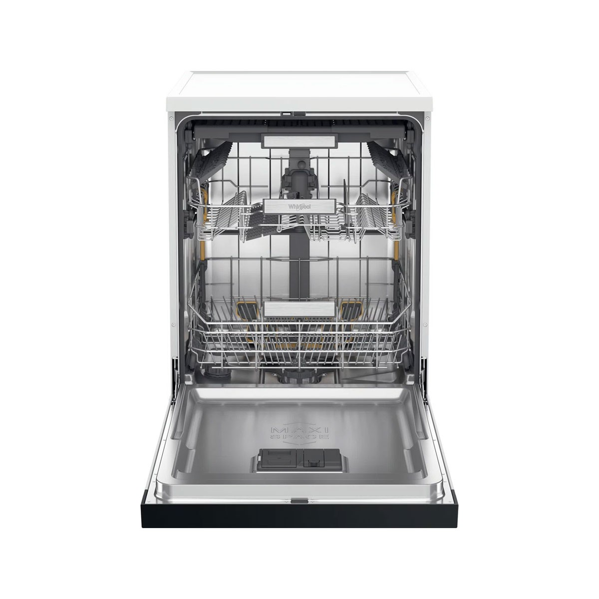 Zmywarka z otwartymi drzwiami, pokazująca kosze i wnętrze, białe tło.