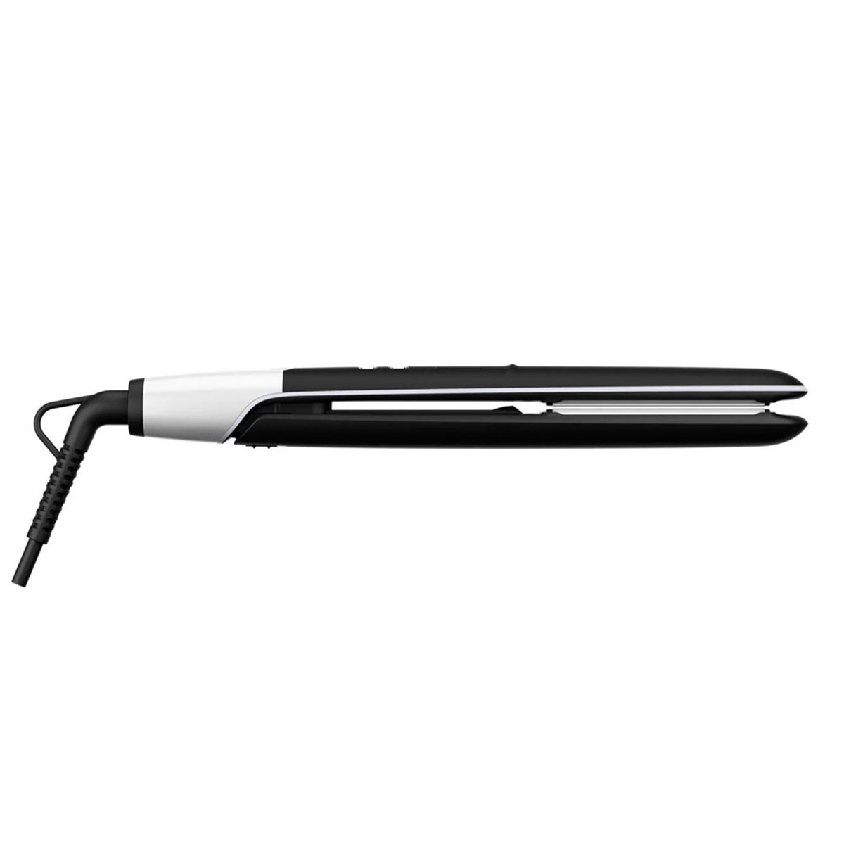 Schwarz-weißer Haarglätter mit schwarzem Kabel, das links am Griff angeschlossen ist.