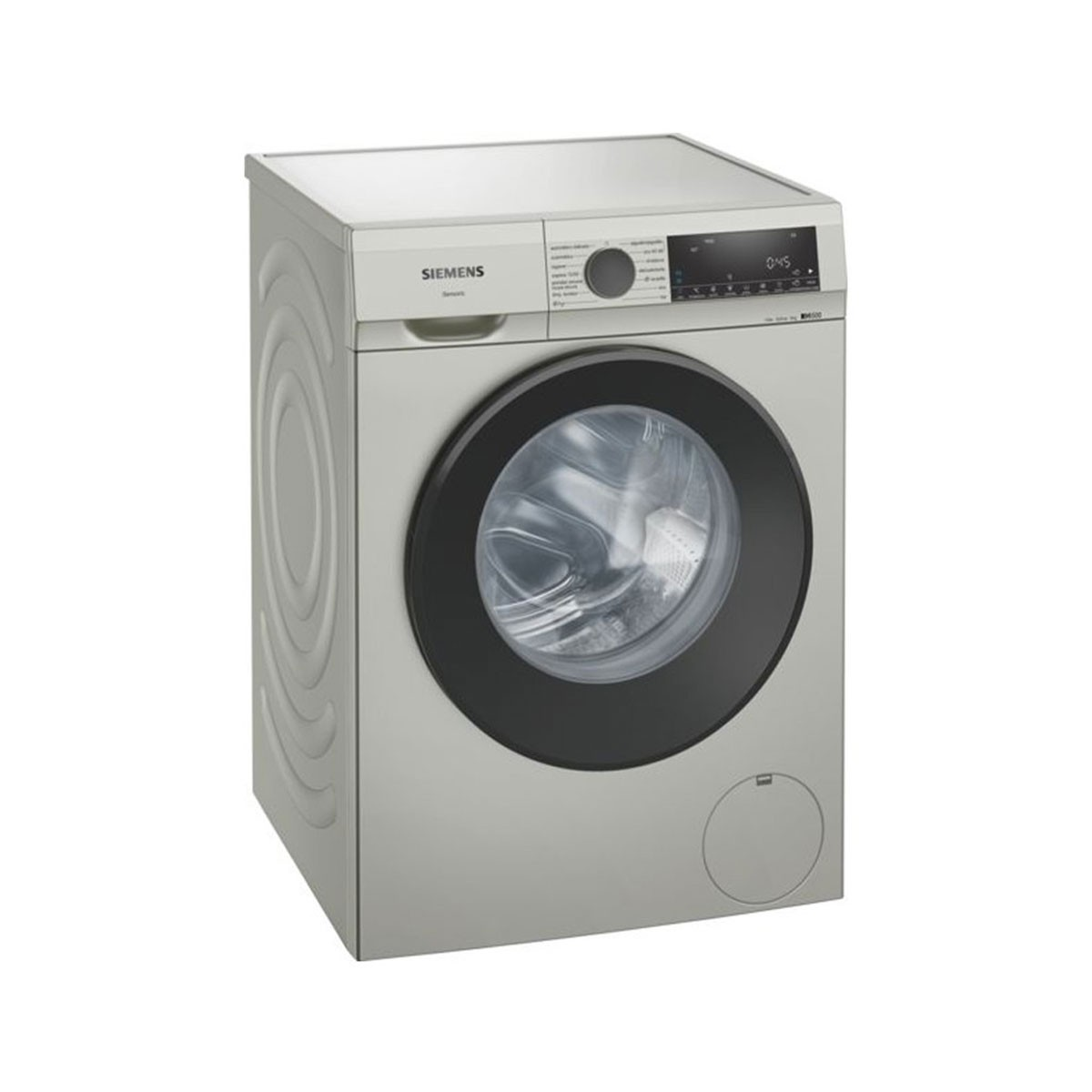 Lavadora plateada Siemens. Panel frontal con pantalla y controles visibles.