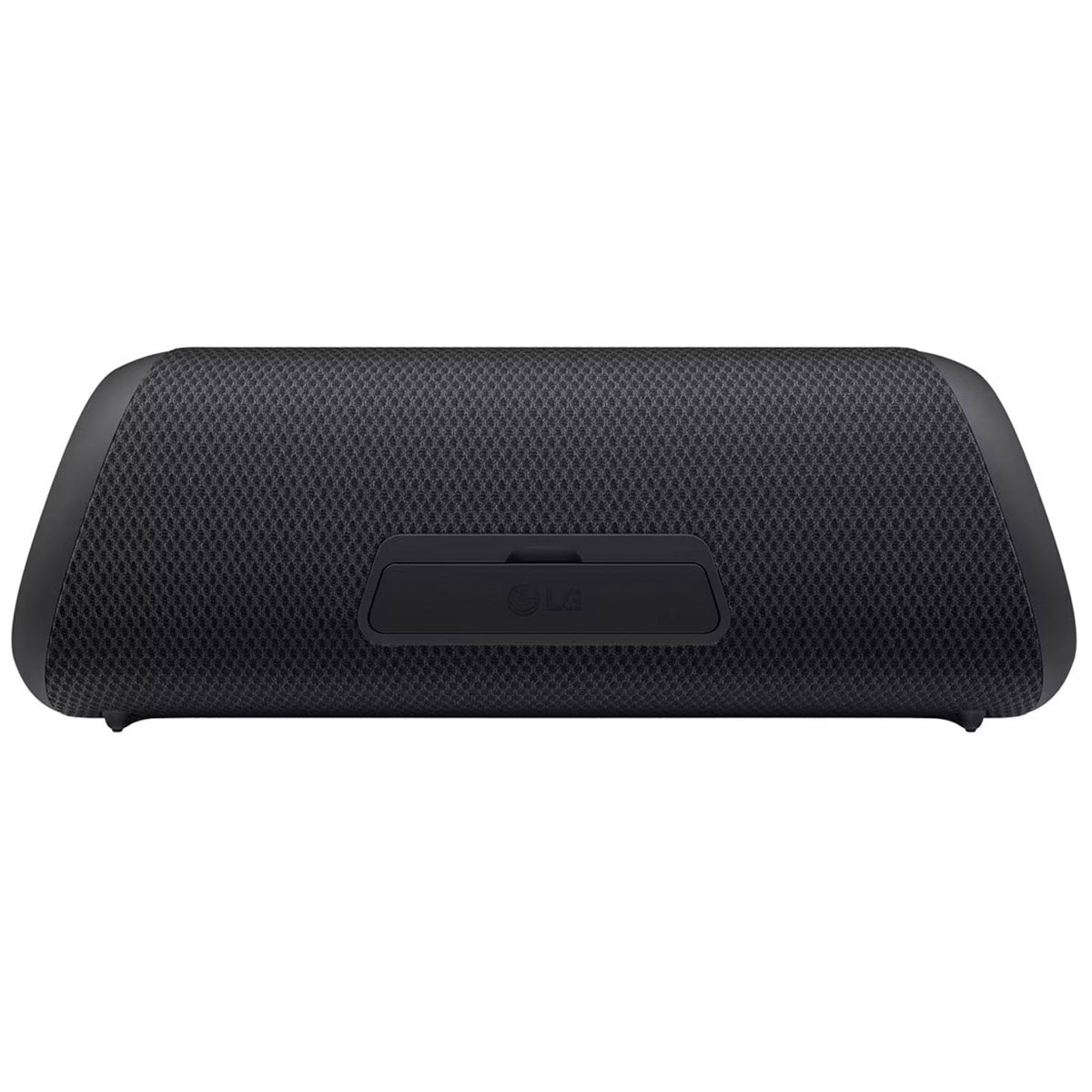 Czarny głośnik LG. Siatkowy przód, uchwyt i logo LG.