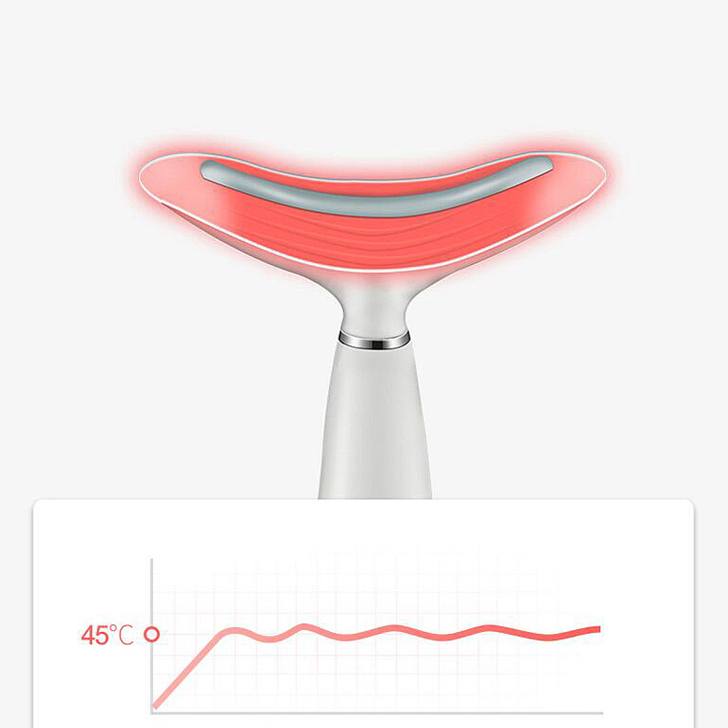 Masajeador de cuello con luz roja, mango blanco y un gráfico que muestra la temperatura.