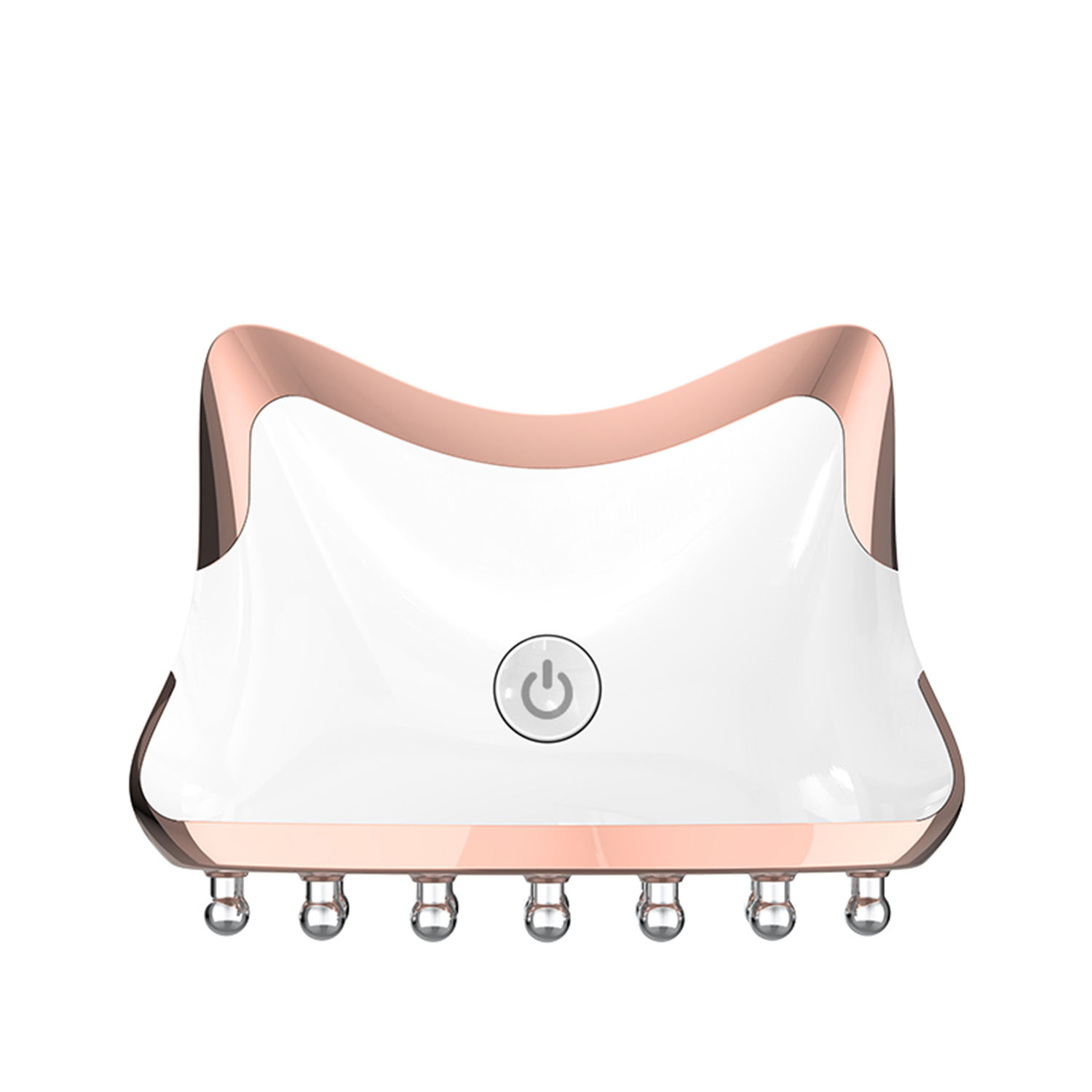 Un dispositivo facial blanco y oro rosa con un botón de encendido. Tiene varios pequeños accesorios plateados.