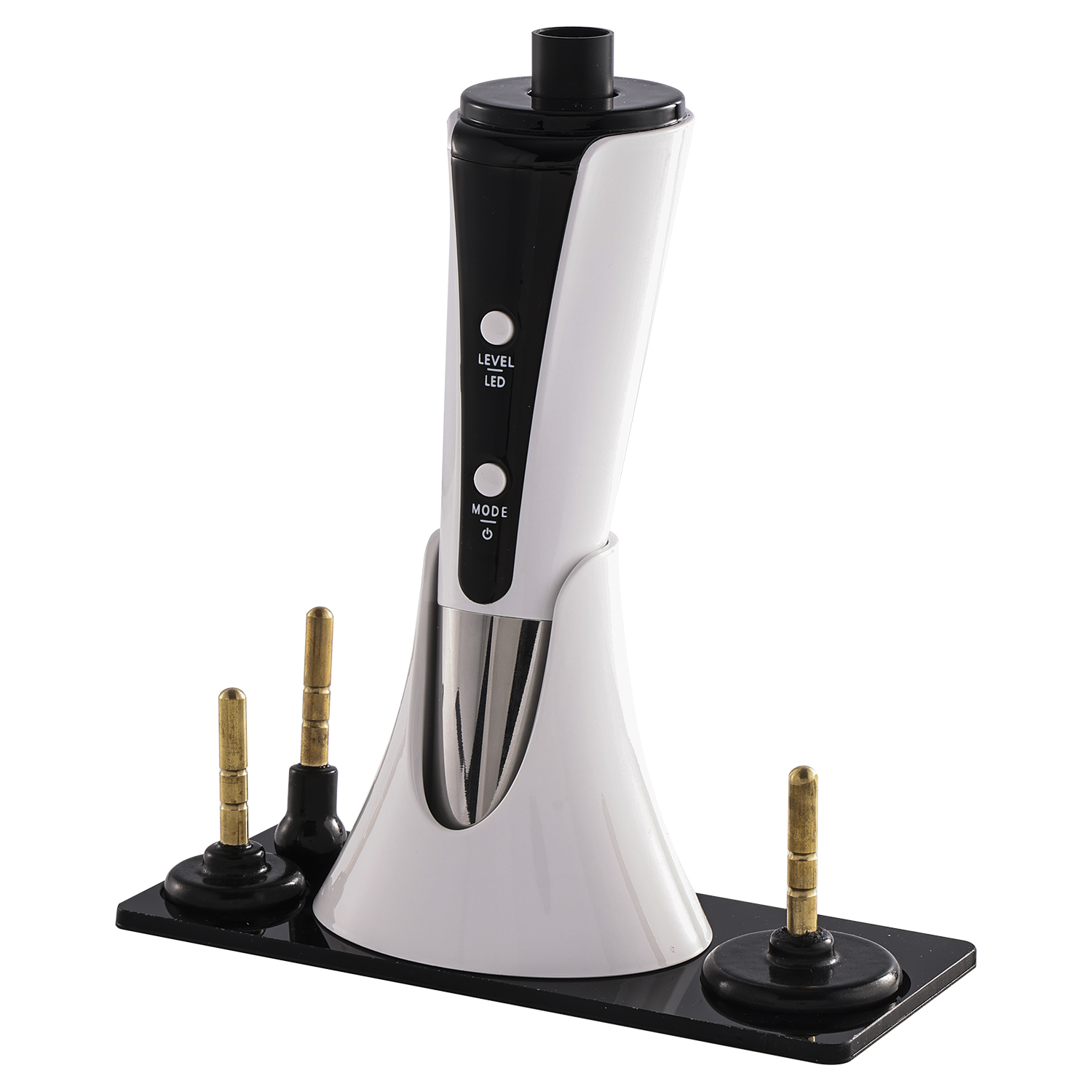 Dispositivo de limpieza facial blanco y negro con base y accesorios de limpieza sobre fondo blanco.