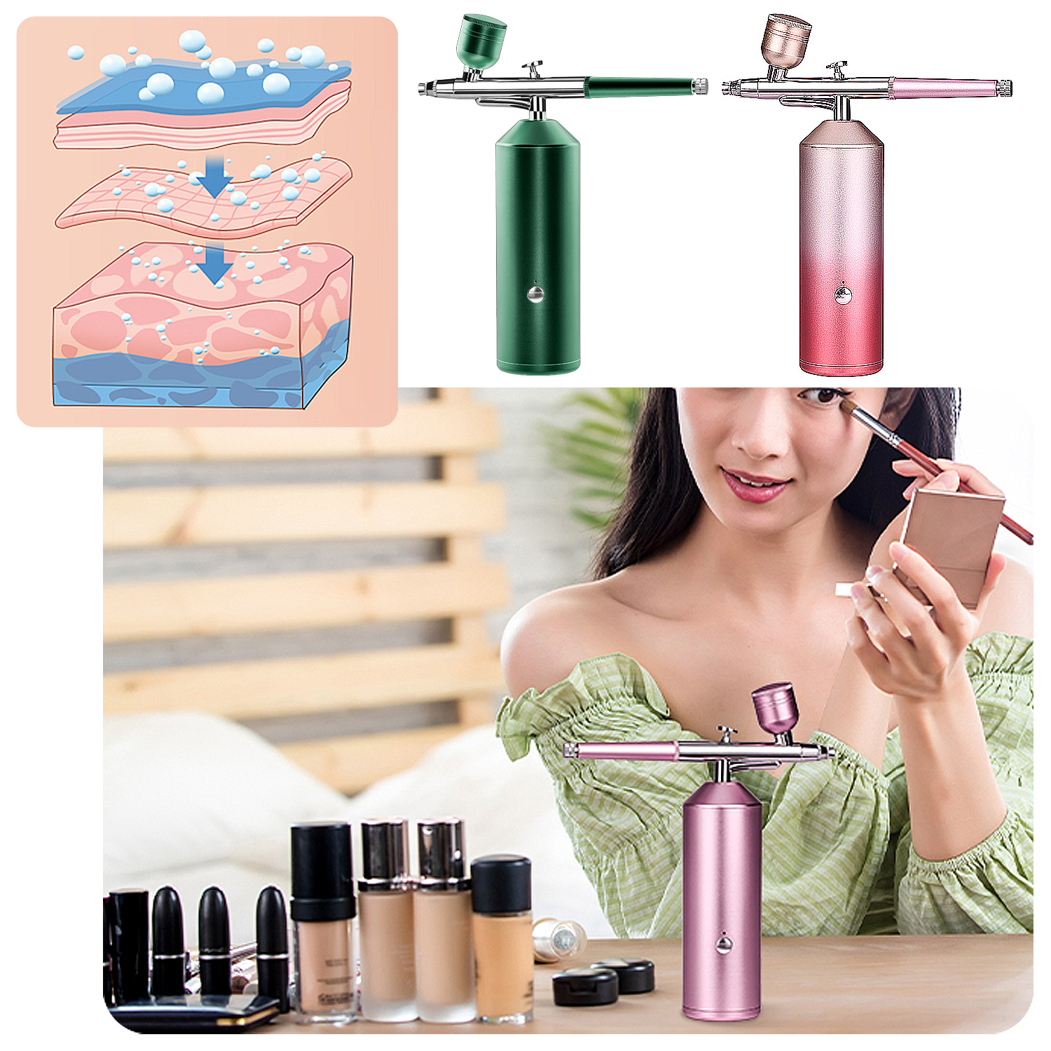 Donna che applica il trucco con un aerografo. Include diagrammi degli strati della pelle e degli aerografi.
