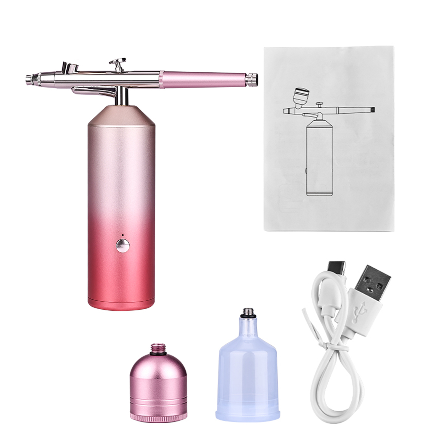 Kit aerografo con sfumatura rosa e bianca, un diagramma e accessori.