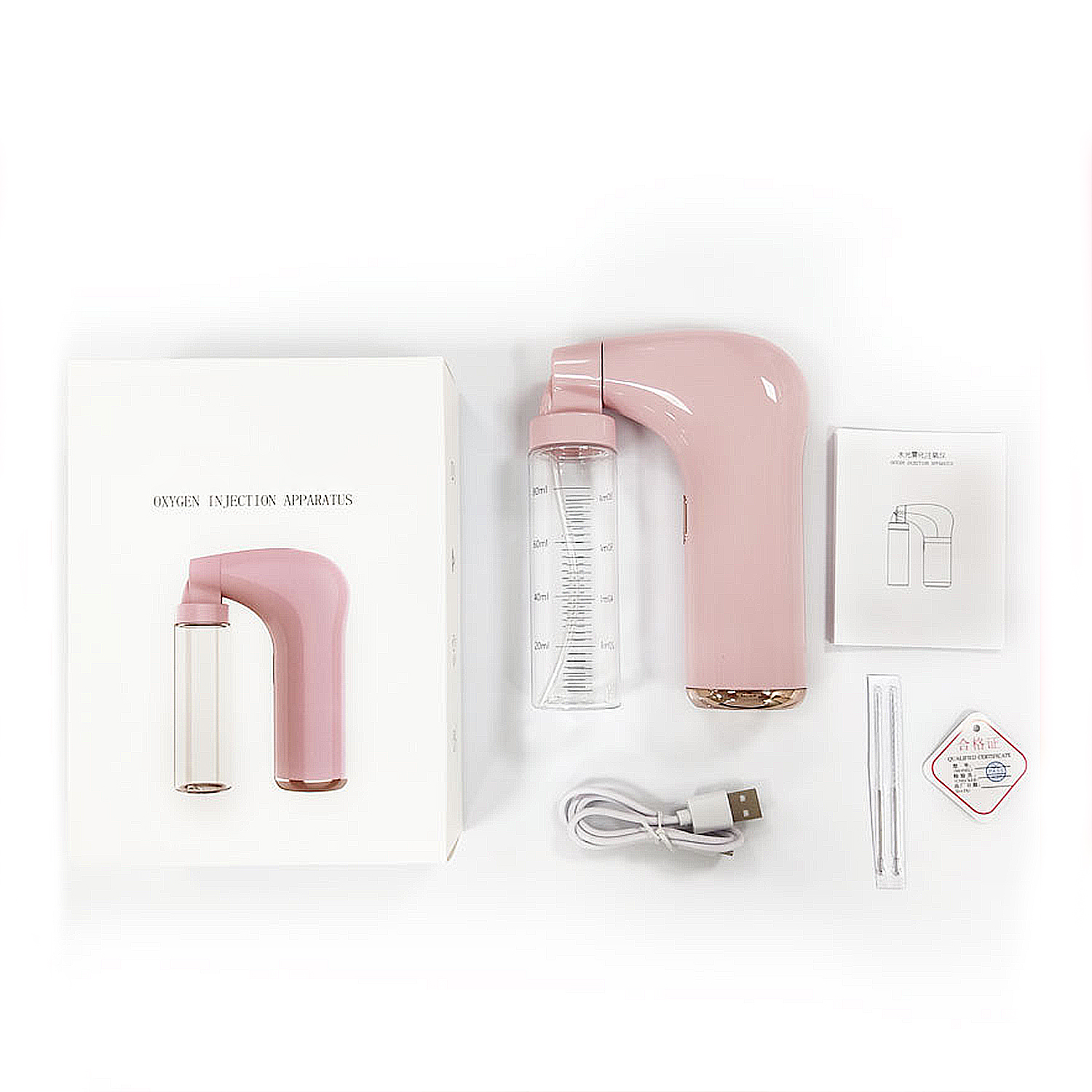 Un aparato de inyección de oxígeno rosa con accesorios. Caja, botella, cargador e instrucciones presentes.
