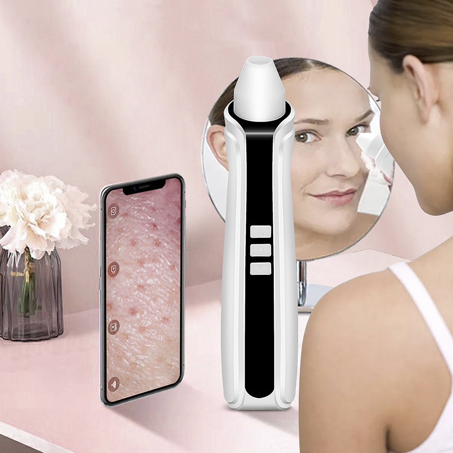 Mujer usando limpiador de poros con teléfono mostrando piel y espejo.