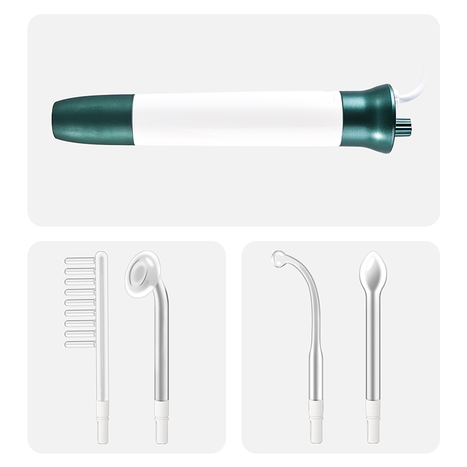 Cuatro dispositivos médicos de belleza. El cuerpo principal es blanco y verde, con diferentes accesorios. Aislado en blanco.