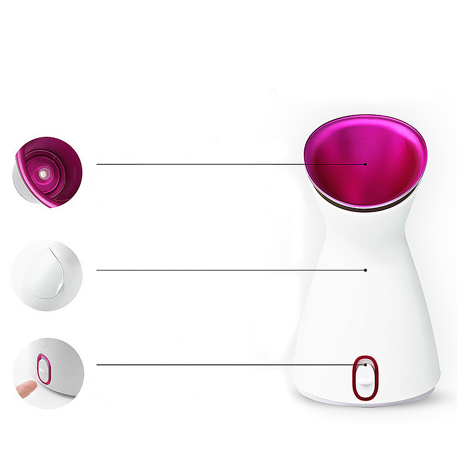 Un vaporizador facial blanco con la parte superior rosa y detalles de botones.