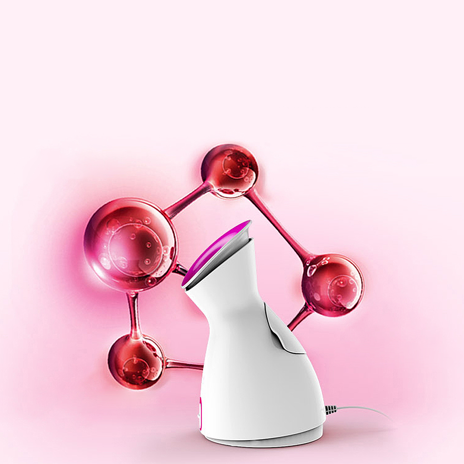 Un vaporizador facial blanco con una parte superior rosa y un diseño de molécula roja en el fondo.