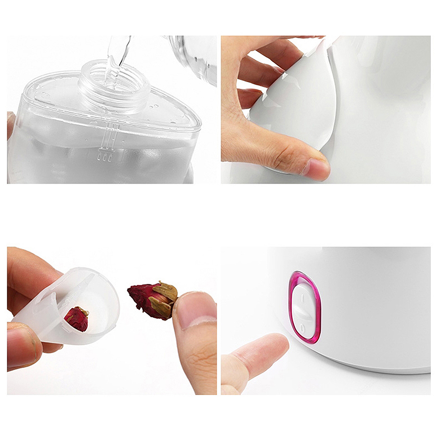 Las imágenes muestran agua vertiéndose, una mano tocando un dispositivo, un botón y capullos de rosa secos.