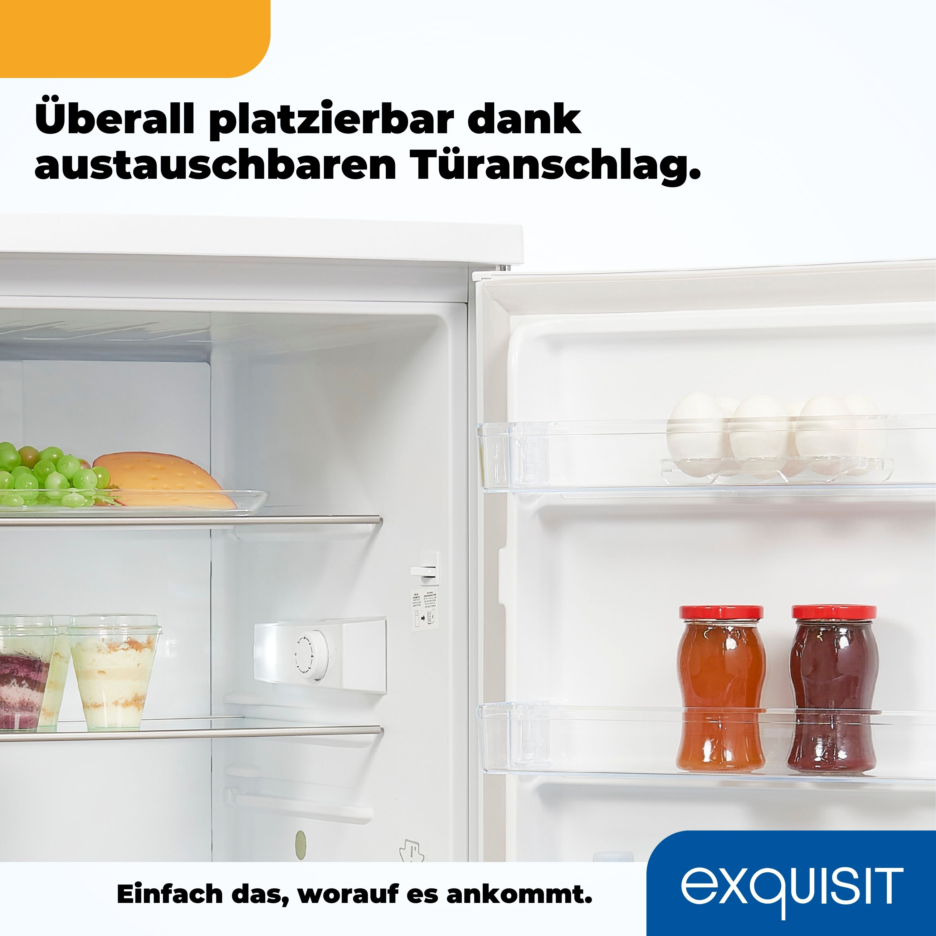Refrigerator interior with food items and text: 'Exquisit'.