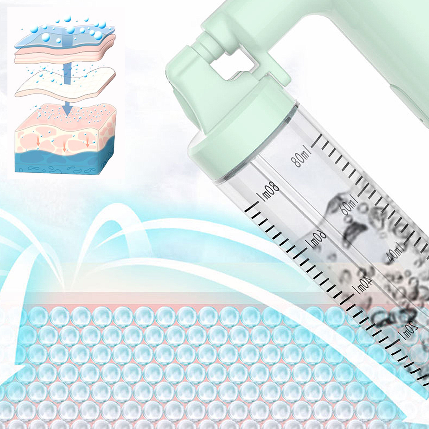 Dispositivo médico con contenedor transparente y diagrama de flujo de agua.