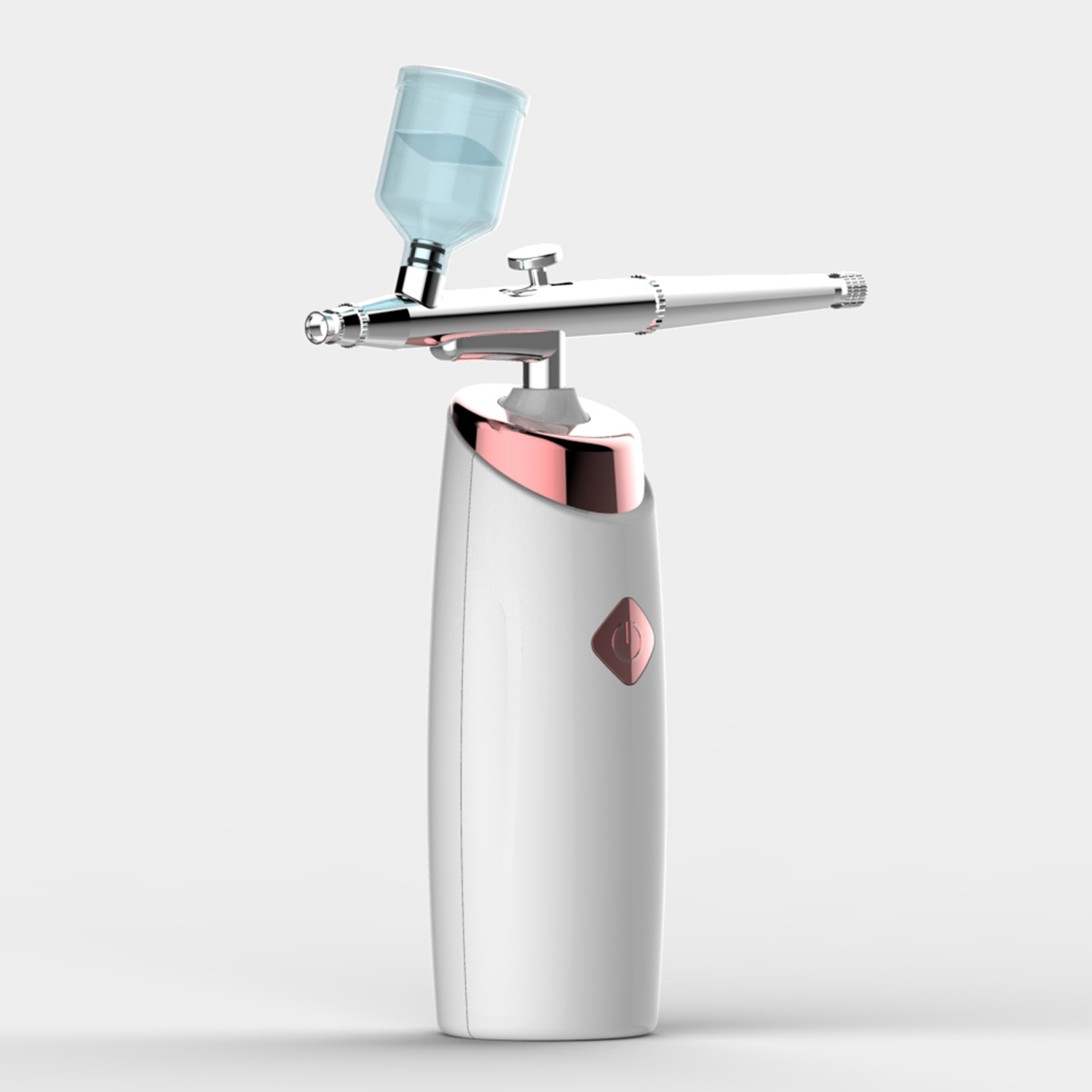 Aerógrafo blanco y oro rosa con un recipiente de líquido azul en la parte superior.