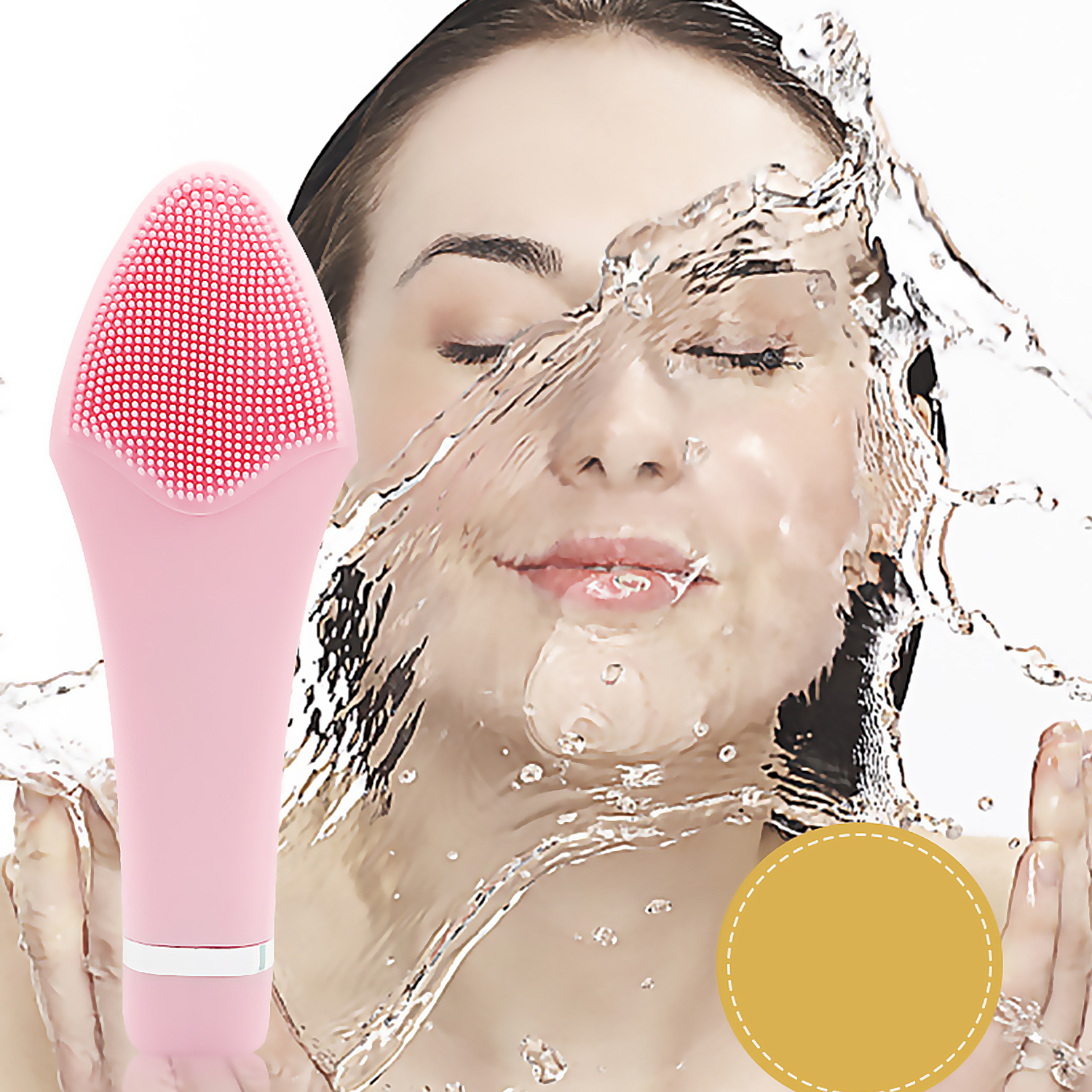 Una donna con una spazzola per il viso rosa viene cosparsa d'acqua, con un cerchio giallo accanto.