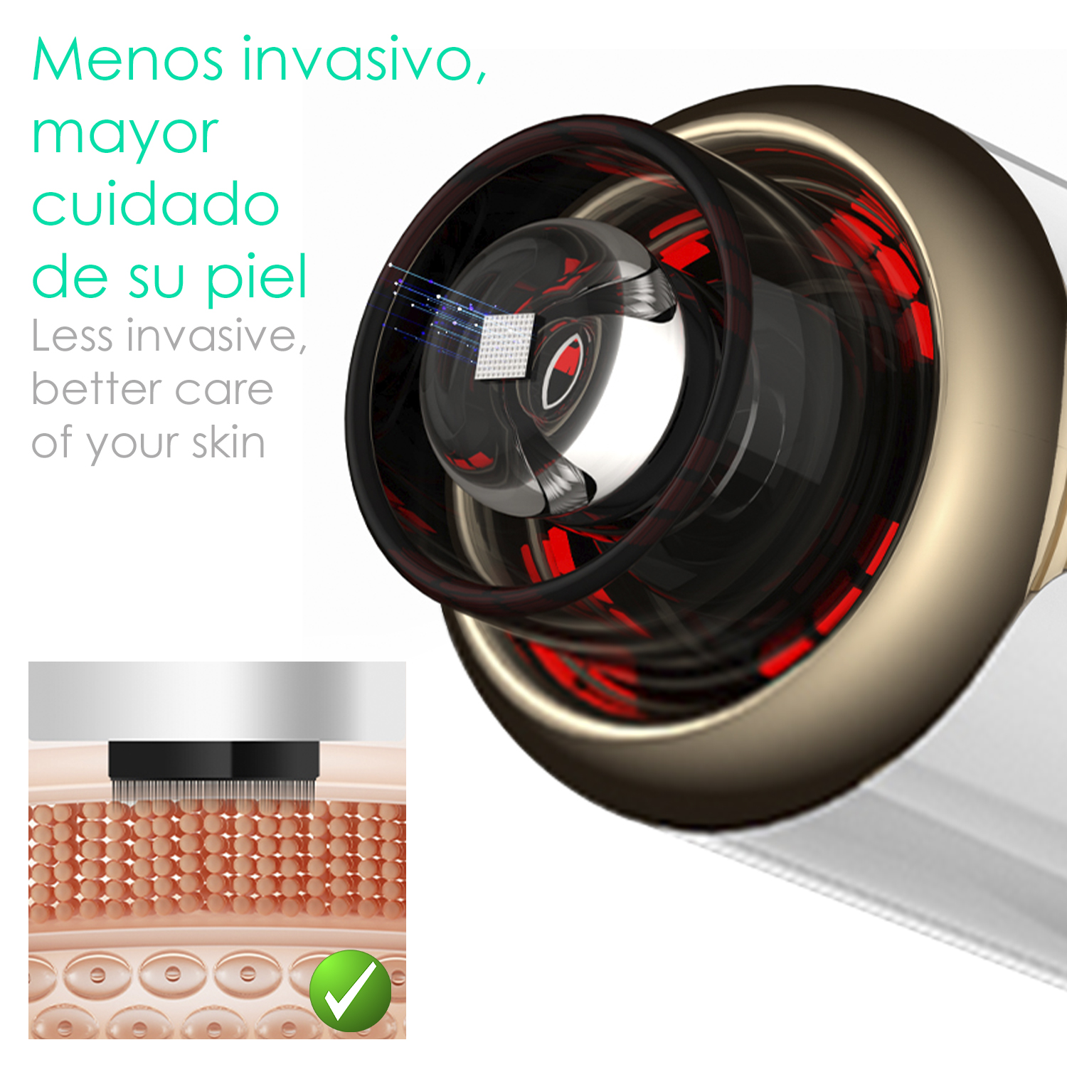 Primer plano de un dispositivo de belleza, mostrando sección de microagujas y diagrama de la piel.