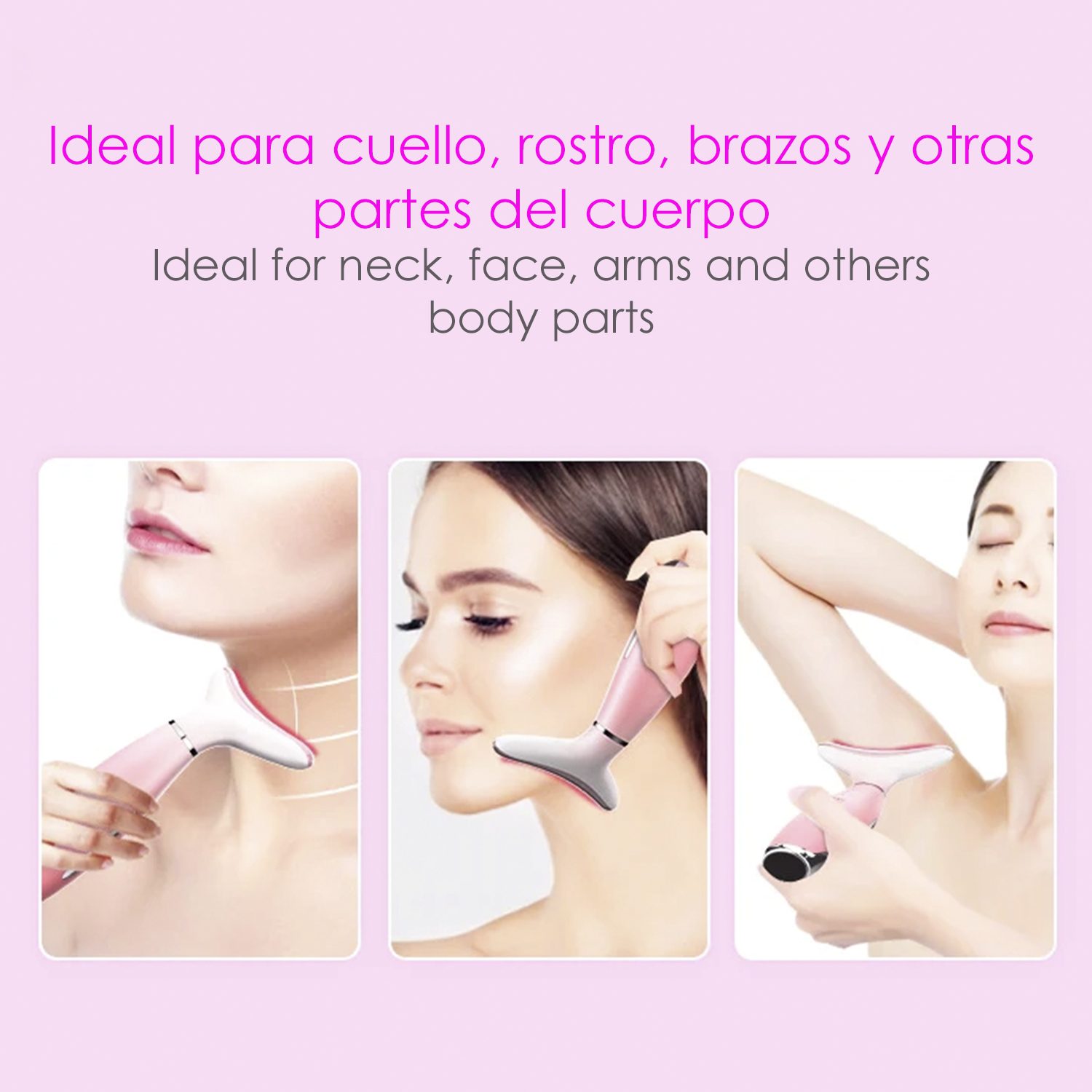 Donna che usa un massaggiatore facciale rosa su collo, viso e braccio.
