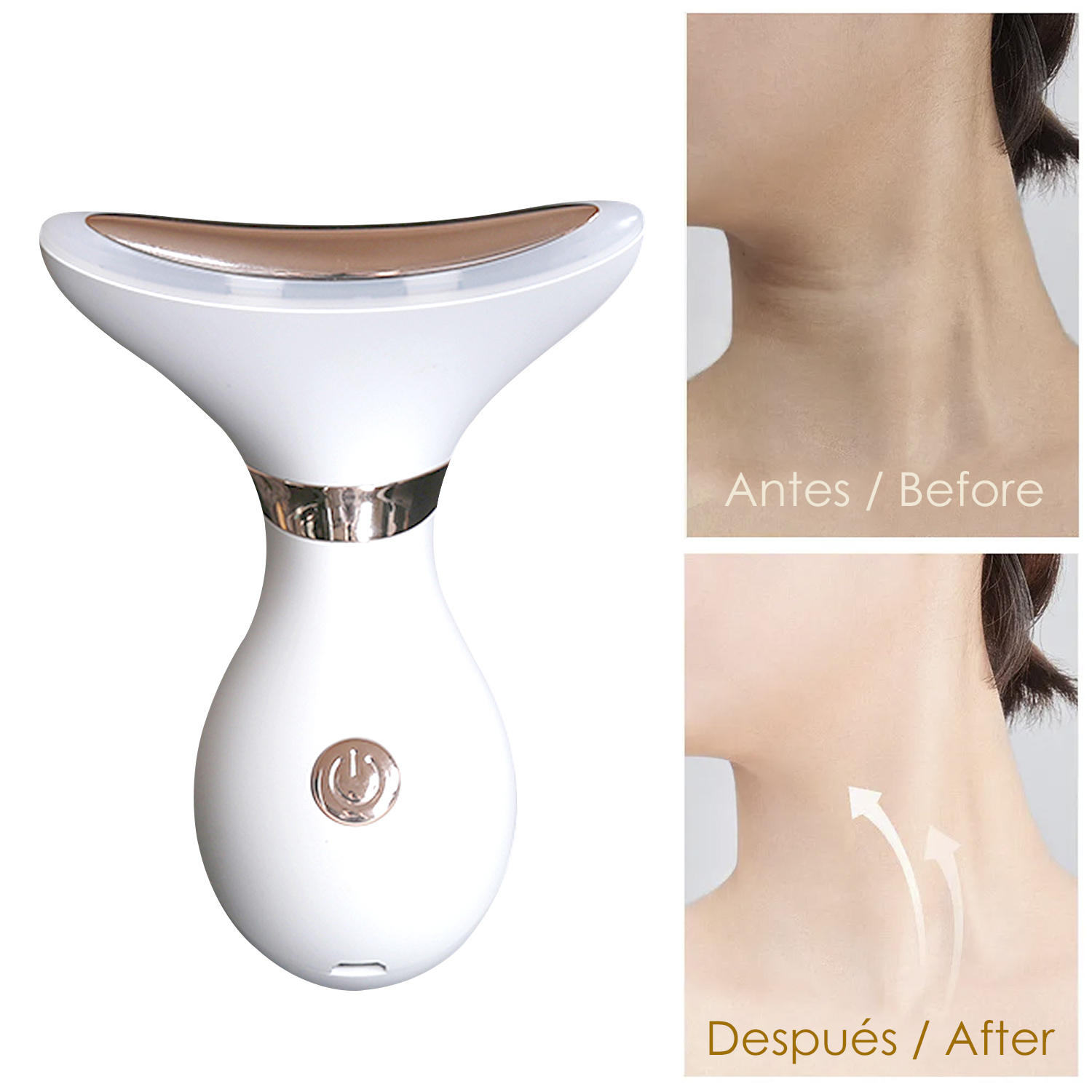 Un masajeador de cuello blanco con cabezal dorado, junto a imágenes de antes y después del cuello.