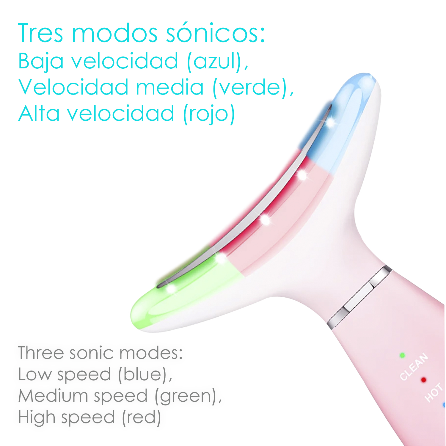 Dispositivo rosa con tre sezioni di luce colorata, etichettate con modalità di velocità.