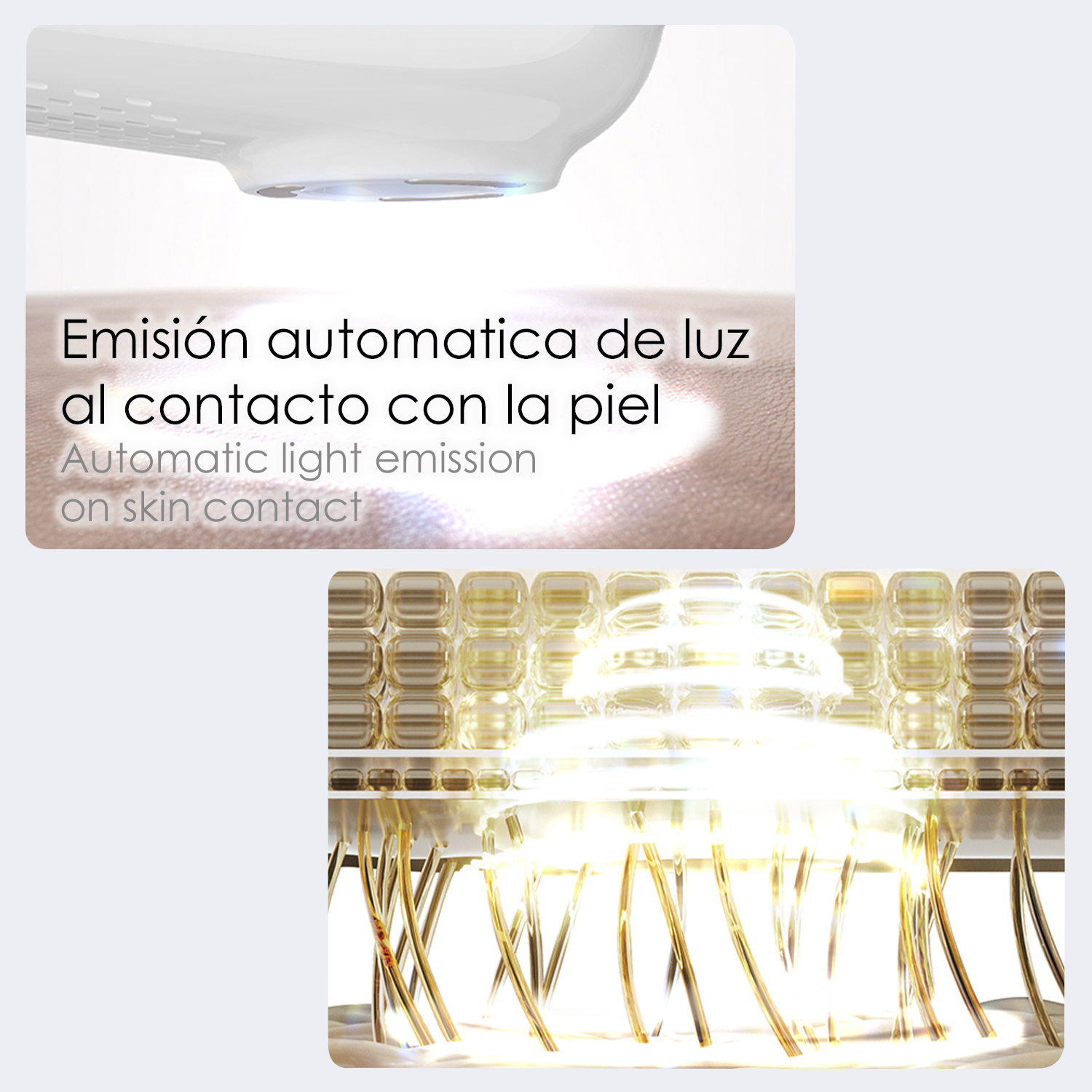 Primer plano: Dispositivo de tratamiento de la piel emite luz. Muestra la luz y su aplicación a la piel.