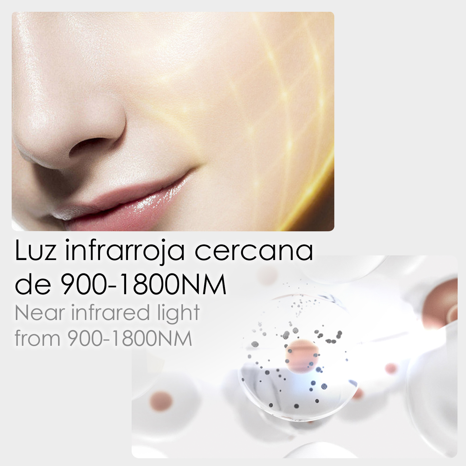 Primer plano de la piel. Se muestra la luz infrarroja cercana. Texto: luz infrarroja cercana de 900-1800NM.
