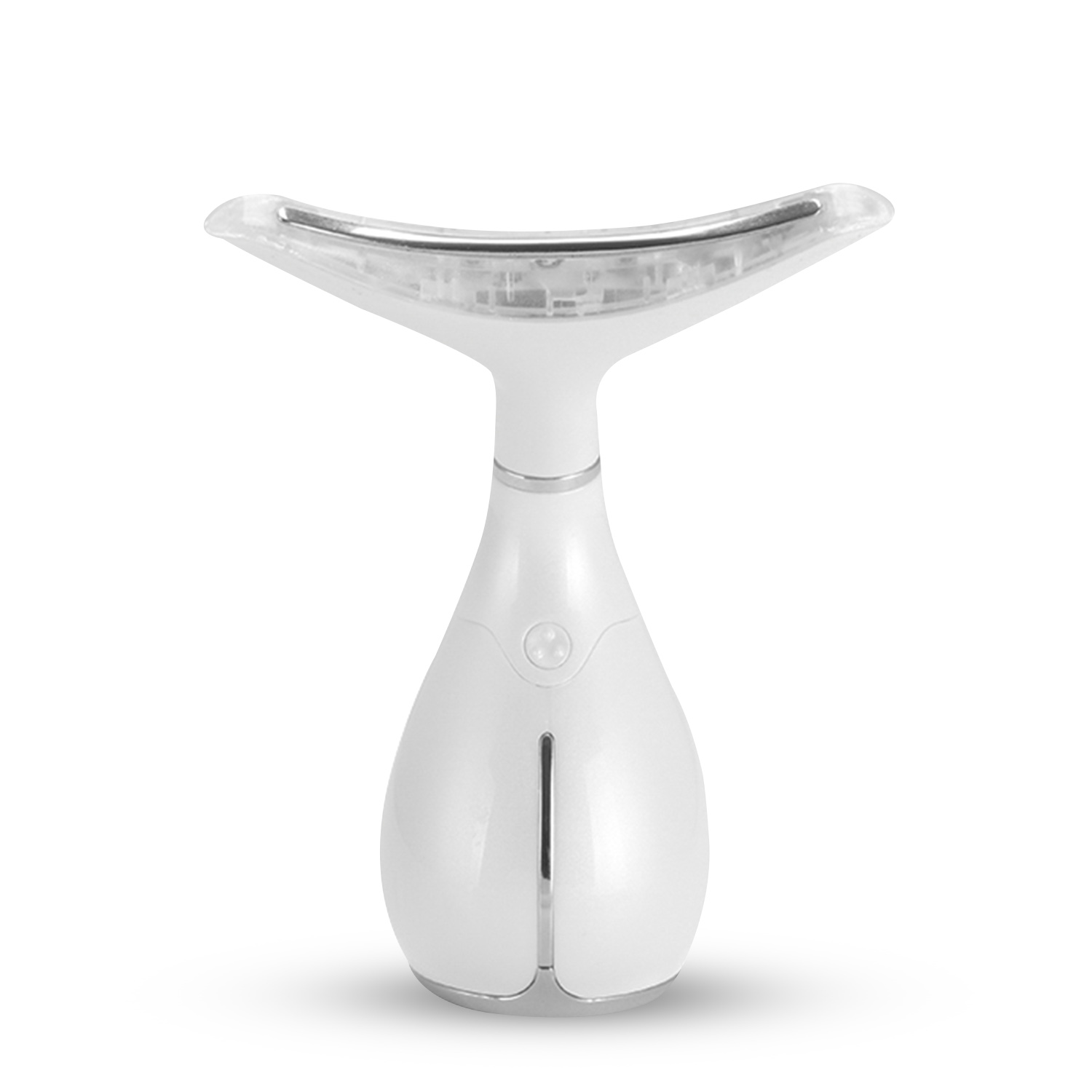 Un masajeador de cuello blanco, con una parte superior curvada y una base redondeada.