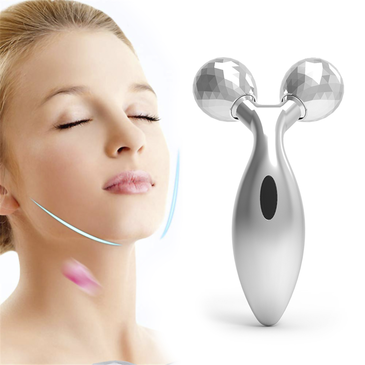 Una mujer usa un rodillo facial. Un diagrama muestra la ruta de rodadura en su rostro.