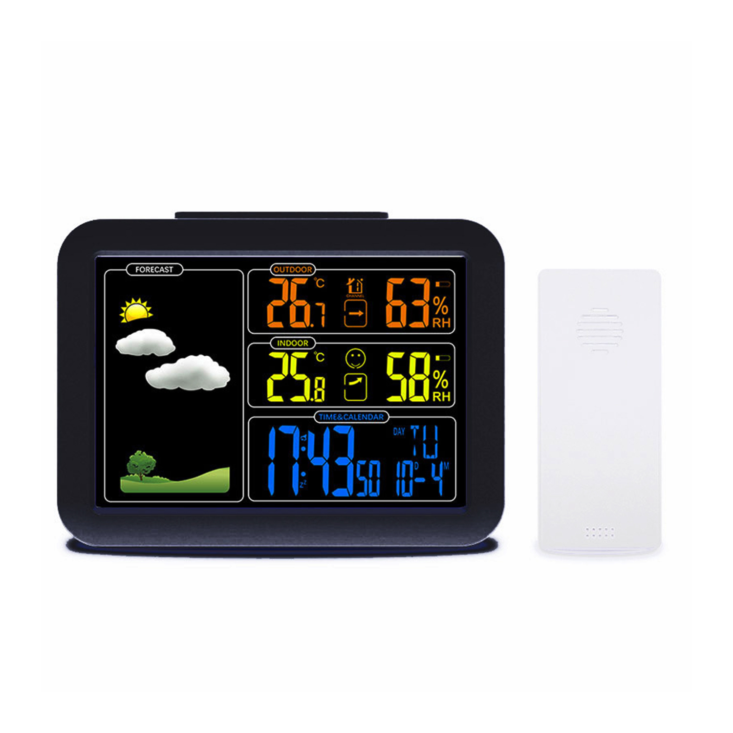 Schwarze Wetterstation mit Vorhersage, Temperatur, Luftfeuchtigkeit und Zeit, mit weißem Sensor rechts.